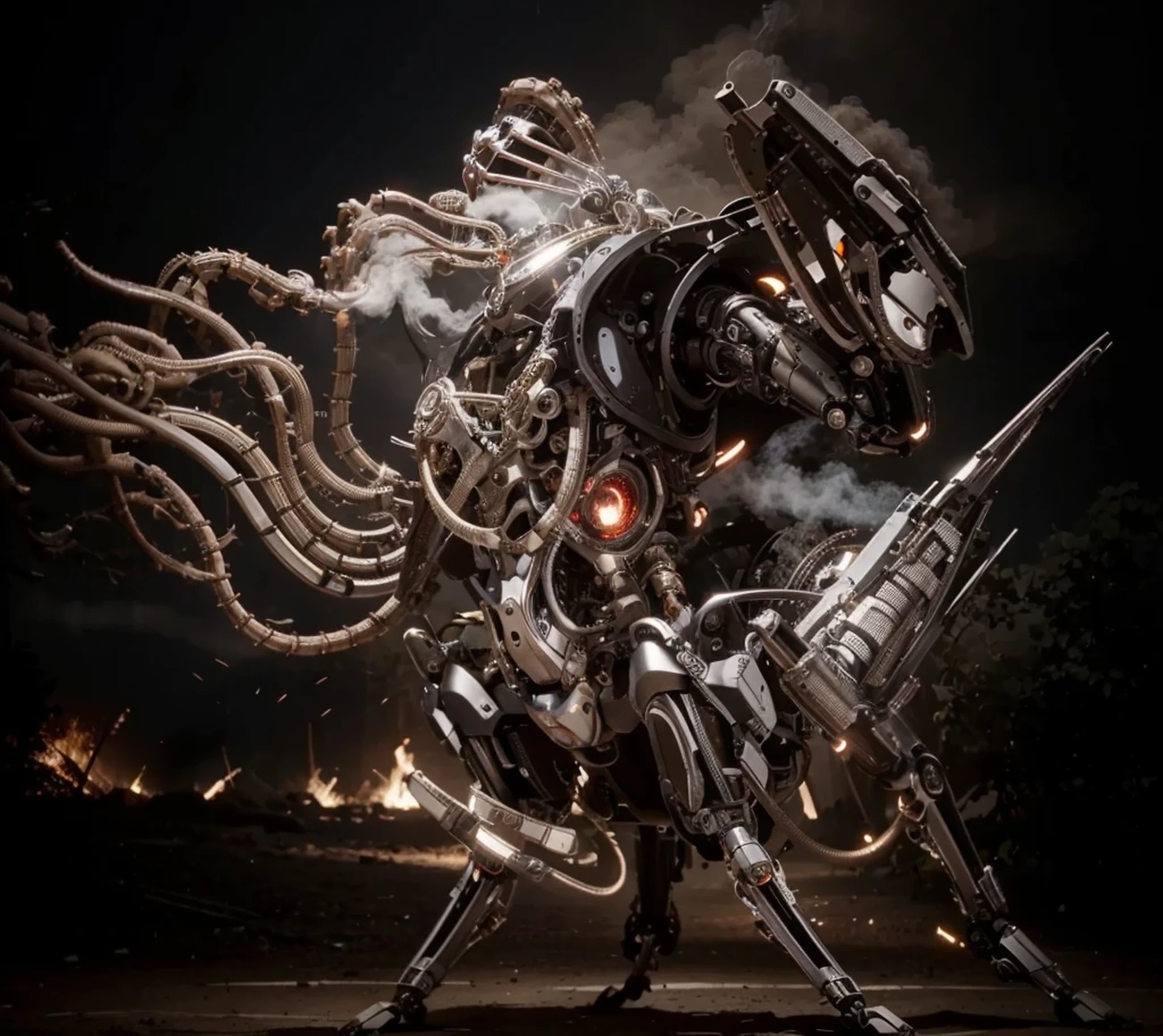 Ultra advanced biomechanical cyborg robot, biological human part with robotic inserts, partes humanas, skull head with robotic inserts, color negro y rojo, metallic tentacles, He has a big arm like a mechanical praying mantis., human arms with robotic inserts, Cables y tubos rodean su cuerpo., insectoid mechanical legs, he is outside a battlefield, mucho humo y maquinas, 4k, ultra detallado image, realista, muy detallado, perfect composition, splendid, intrincadamente detallado, incredibly detailed, 8k art photography , hiper detallado, Obra maestra, ultra detallado, hyper realista, 4k, ultra detallado image, realista, muy detallado, perfect composition, splendid, intrincadamente detallado, incredibly detailed, 8k art photography, hiper detallado