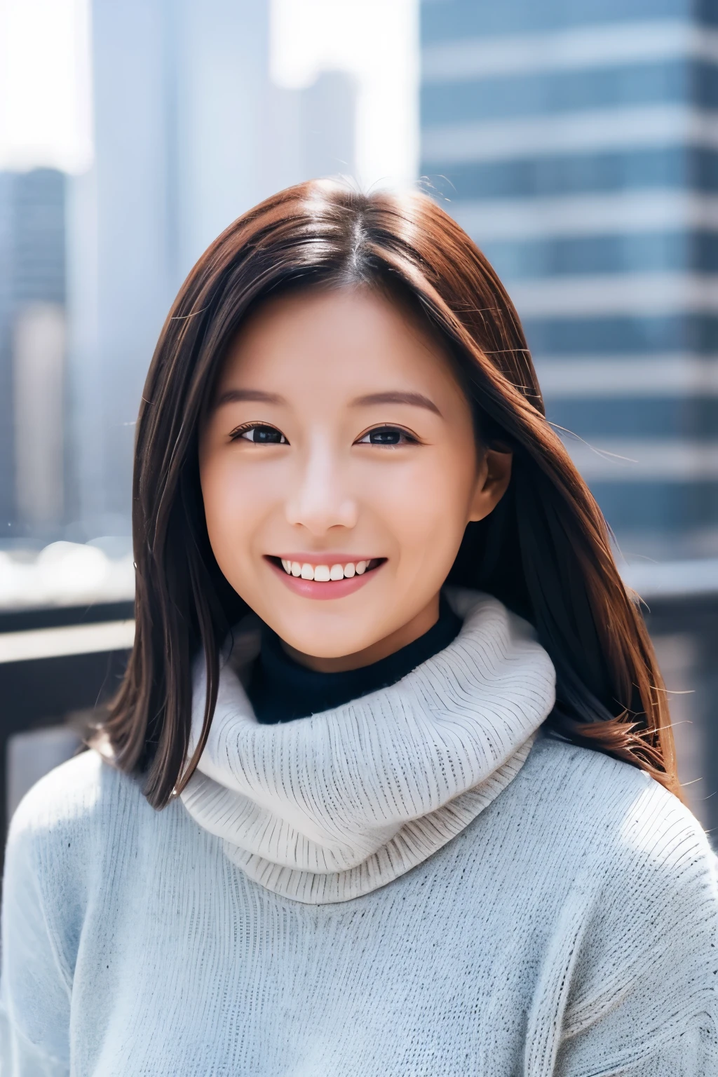 The face of the hostess、turtleneck wool sweater、hiquality、A hyper-realistic、healthy、Smiling expression、Slender perfect figure、Japan Beauty、 perfect eyes、Beautiful skin、The upper part of the body、Snowy city