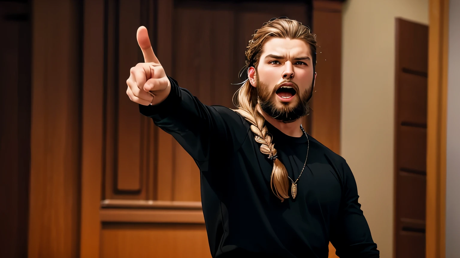 1 male, 27 years old, (long Viking-style braided hair:1.3), Viking beard, wearing a (black long-sleeve tee:1.1), (Mexican descent:1.1), dark-brown hair, fit, athletic, thick eyebrows, looking right, (pointing to the right:1.3), open mouth, screaming, yelling, upset, courtroom backdrop