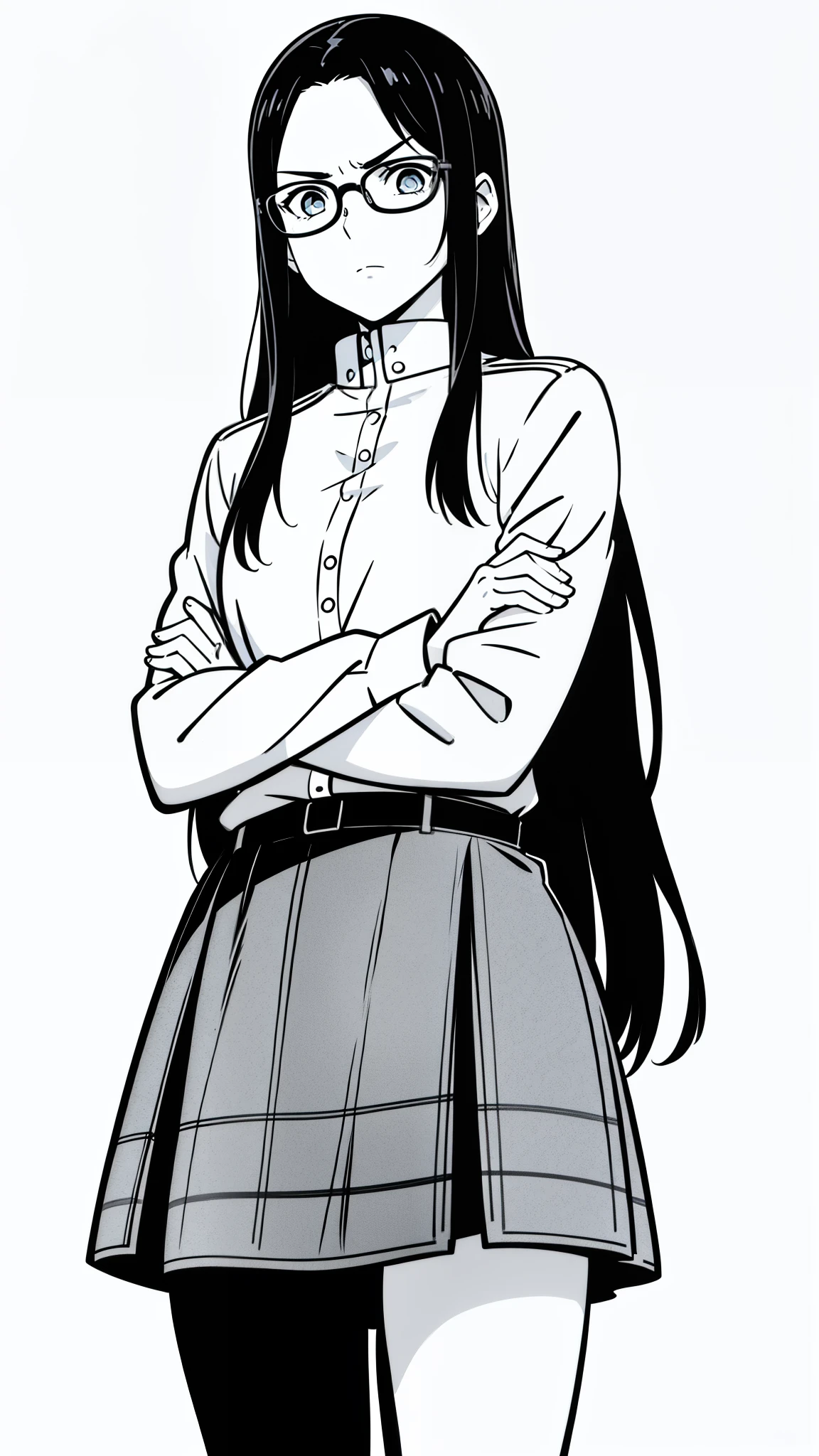 (1woman,30 years,small),glasses,solo,long hair,black hair,rural outfit,angry,(white background,line drawing),cowboy shot,crossed arms