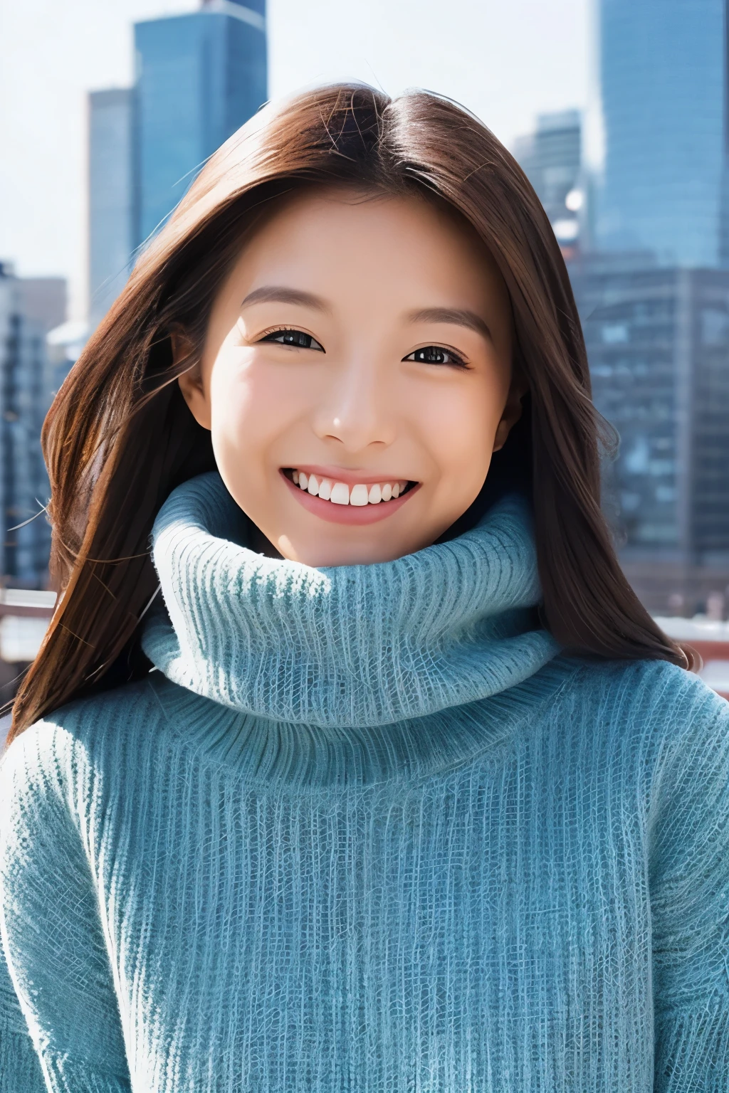 The face of the hostess、turtleneck wool sweater、hiquality、A hyper-realistic、healthy、Smiling expression、Slender perfect figure、Japan Beauty、 perfect eyes、Beautiful skin、The upper part of the body、Snowy city