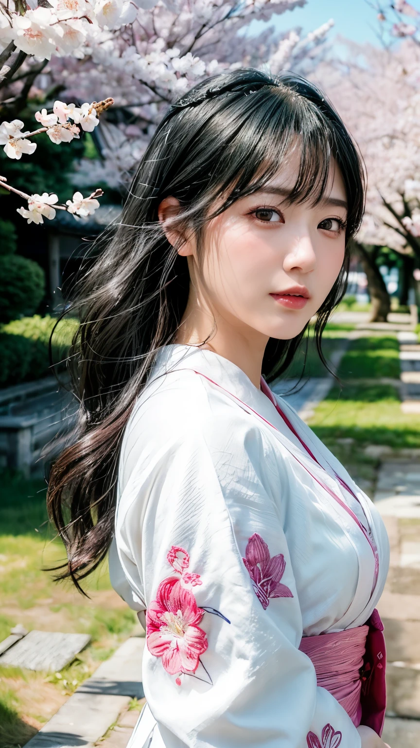 (logo、masterpiece、8k、table top、RAW photo、wonderful、最high quality、Photorealistic and hvery detailed CG integrated 8k wallpaper、high quality、very detailed、Narrative poem、particle effects、dynamic effects、written boundary depth、cinematic light、Lens flare、ray tracing)、fantasy、 (1 beautiful woman、white kimono、Japan Dress、white cherry blossom pattern、White cherry blossom embroidery pattern、black haired、beautiful face、real face、beautiful details eyes beautiful skin)、Hair flutters in Wind、hair bounces、pink cherry tree、petals dance、SakuraFubuki、wonderful景色、sunrise、sun on background、Wind、god々、teeth、god話、vast land