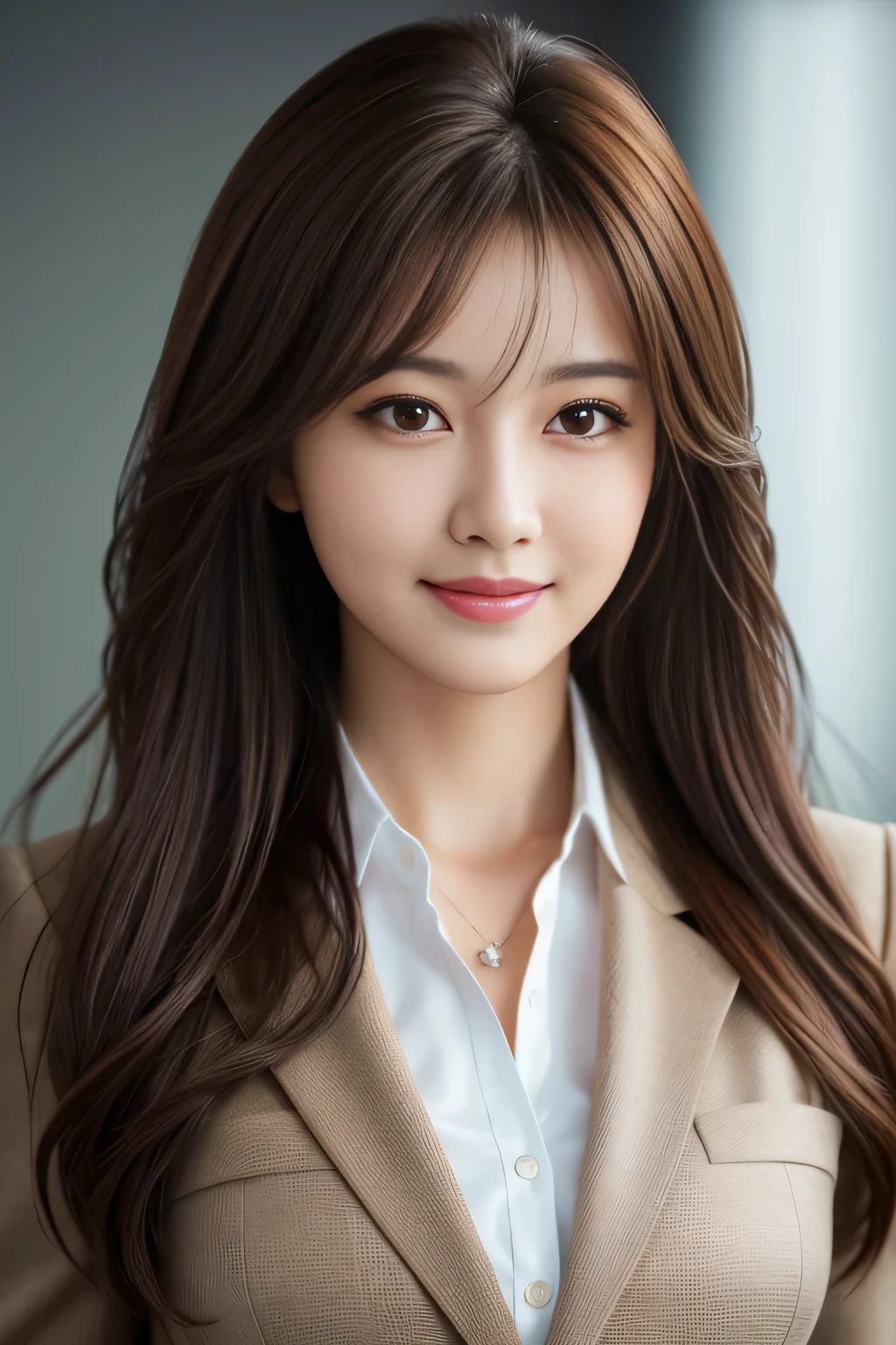 table top, highest quality, realistic, Super detailed, finely, High resolution, 8k wallpaper, 1 beautiful woman,, light brown messy hair, wearing a business suit, sharp focus, perfect dynamic composition, finelyて美しい目, thin hair, Detailed and realistic skin texture, smile, close-up portrait, model body shape