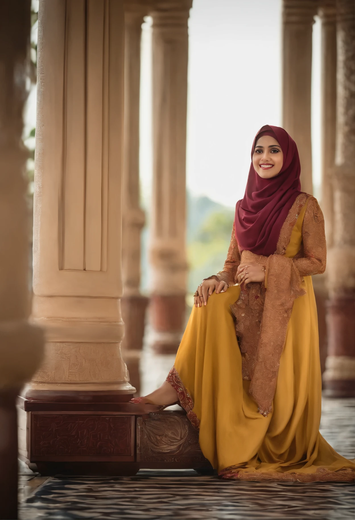 Foto dari wanita indo berusia 40 tahun agak gemuk tinggi yang menampilkan seorang wanita hijab indonesia mengenakan gaun biru muda populer dan memegang kurma serta lentera Ramadhan di tangannya. Di belakangnya terdapat masjid indonesia yang indah, dan gambar tersebut mewujudkan keindahan, warisan, dan budaya indonesia Foto kamera digital HD cinematography