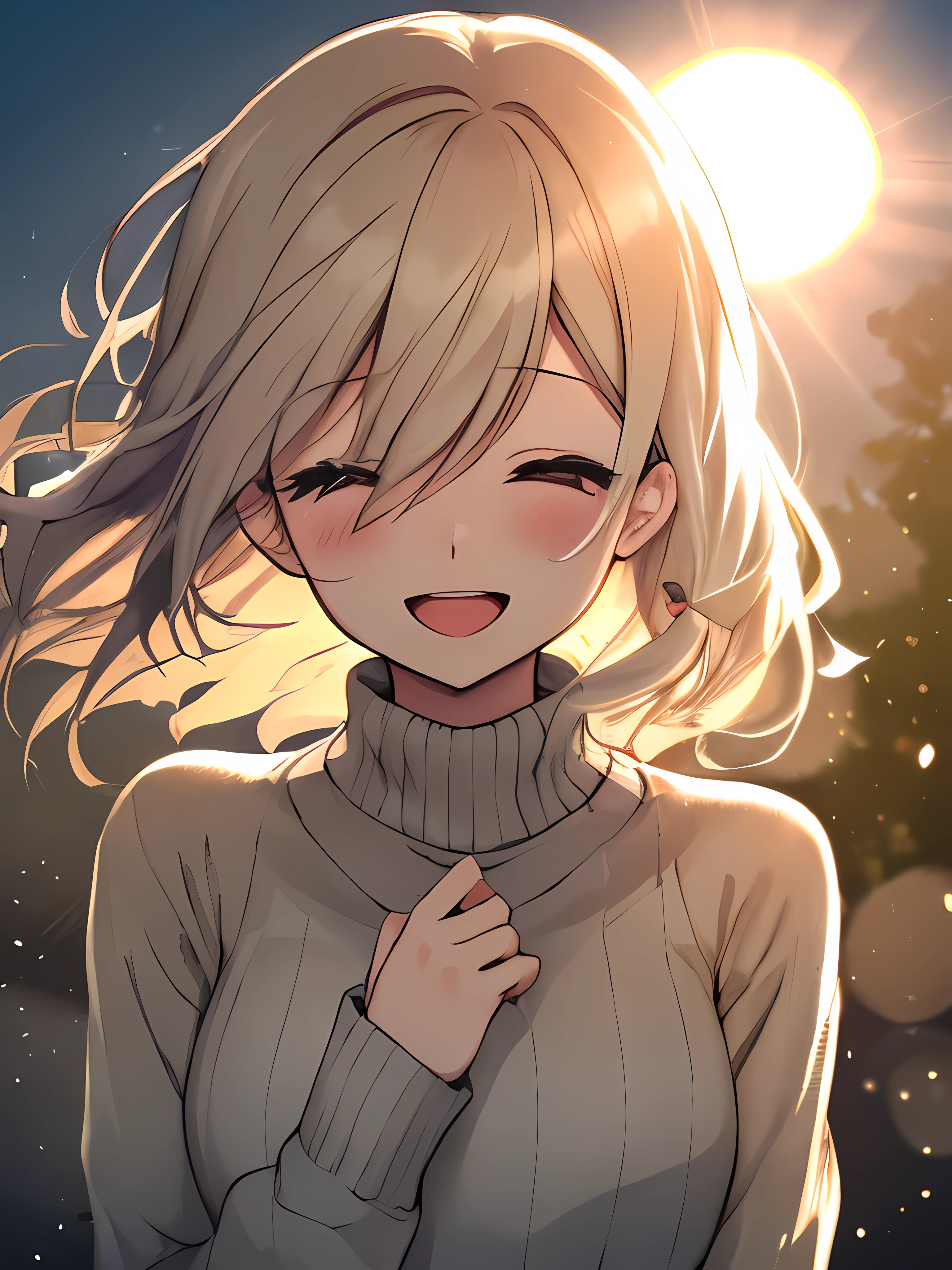 girl, cozy sweater, Upper body, (Laughter:1.1), (open your mouth:1.1), (wide open eyes:1.2), glare of the sun, Bokeh, written boundary depth, blurred background, particles of light, strong wind, (heart particles:1.1)