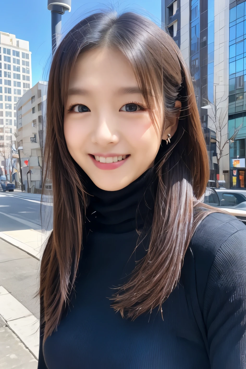The face of the hostess、turtleneck wool sweater、hiquality、A hyper-realistic、healthy、Smiling expression、Slender perfect figure、Japan Beauty、 perfect eyes、Beautiful skin、The upper part of the body、Snowy city