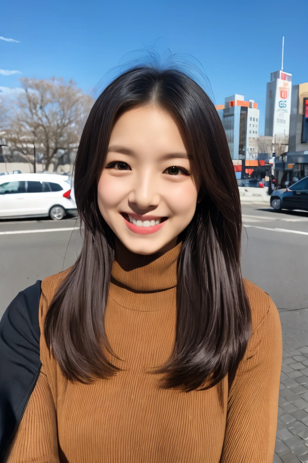 The face of the hostess、turtleneck wool sweater、hiquality、A hyper-realistic、healthy、Smiling expression、Slender perfect figure、Japan Beauty、 perfect eyes、Beautiful skin、The upper part of the body、Snowy city