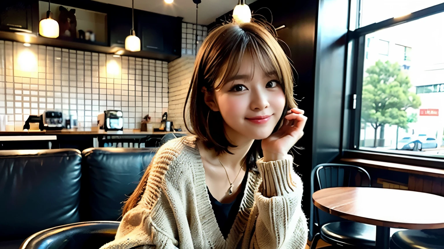 (最high quality、8k、32K、masterpiece:1.2)、A photo of a female college student who looks like a cute model、normal breasts、short bob hair、Upper body、face focus、extra large_sweater、necklace、look at the audience、background a trendy coffee shop with a unique aesthetic and atmosphere. Incorporate elements like modern furniture, artistic decoration, and ambient lighting to enhance the ambiance. People who enjoy drinks々Consider including, engaging in conversation, or quietly working on laptops. Let your creativity flow、In this chic café setting「stable diffusion」Let the idea come to life, I can see other customers enjoying themselves too...。Staff are busy working at the counter.、Feel the vibrancy and warmth of a city cafe.., sharp focus, 1 girl, sexy 1.2, brown hair, With bangs, fine eyes, Beautiful eyes with slit length, double eyelid, (cat face), (cute Face), cute Smile, (close your mouth), (cute), soft skin, surreal, Super detailed, high quality, (beautiful college girl), ((詳細な非常にcute女子大生), 