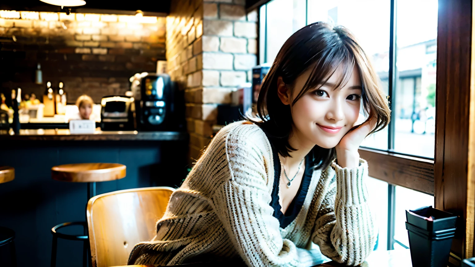 (最high quality、8k、32K、masterpiece:1.2)、A photo of a female college student who looks like a cute model、normal breasts、short bob hair、Upper body、face focus、extra large_sweater、necklace、look at the audience、background a trendy coffee shop with a unique aesthetic and atmosphere. Incorporate elements like modern furniture, artistic decoration, and ambient lighting to enhance the ambiance. People who enjoy drinks々Consider including, engaging in conversation, or quietly working on laptops. Let your creativity flow、In this chic café setting「stable diffusion」Let the idea come to life, I can see other customers enjoying themselves too...。Staff are busy working at the counter.、Feel the vibrancy and warmth of a city cafe.., sharp focus, 1 girl, sexy 1.2, brown hair, With bangs, fine eyes, Beautiful eyes with slit length, double eyelid, (cat face), (cute Face), cute Smile, (close your mouth), (cute), soft skin, surreal, Super detailed, high quality, (beautiful college girl), ((詳細な非常にcute女子大生), 