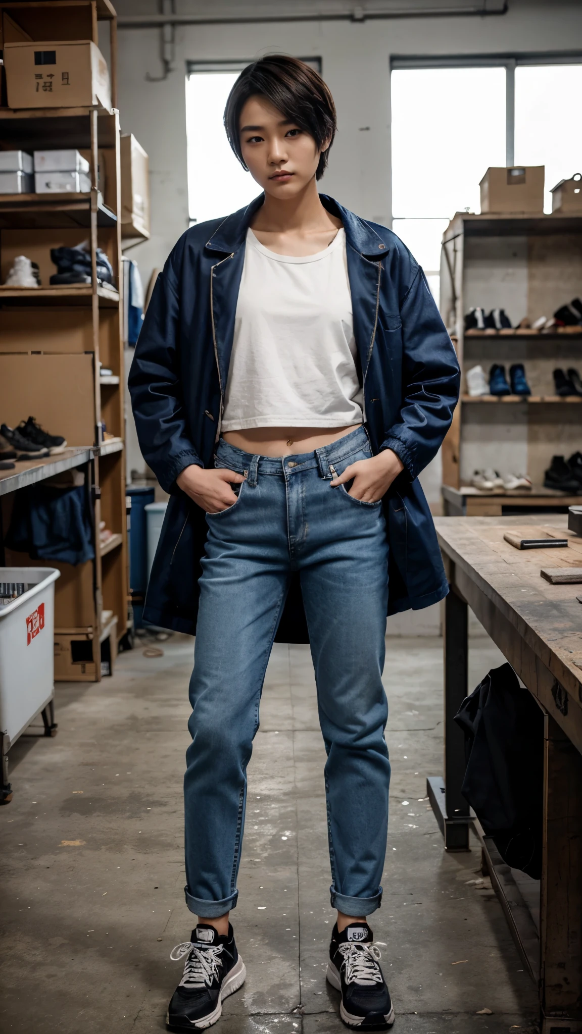 A short haired korean girl crossdressing as a man wearing man's jacket, shirt, long jeans, and shoes standing in a workshop with cool pose and fierce expression, body facing straight to the camera.