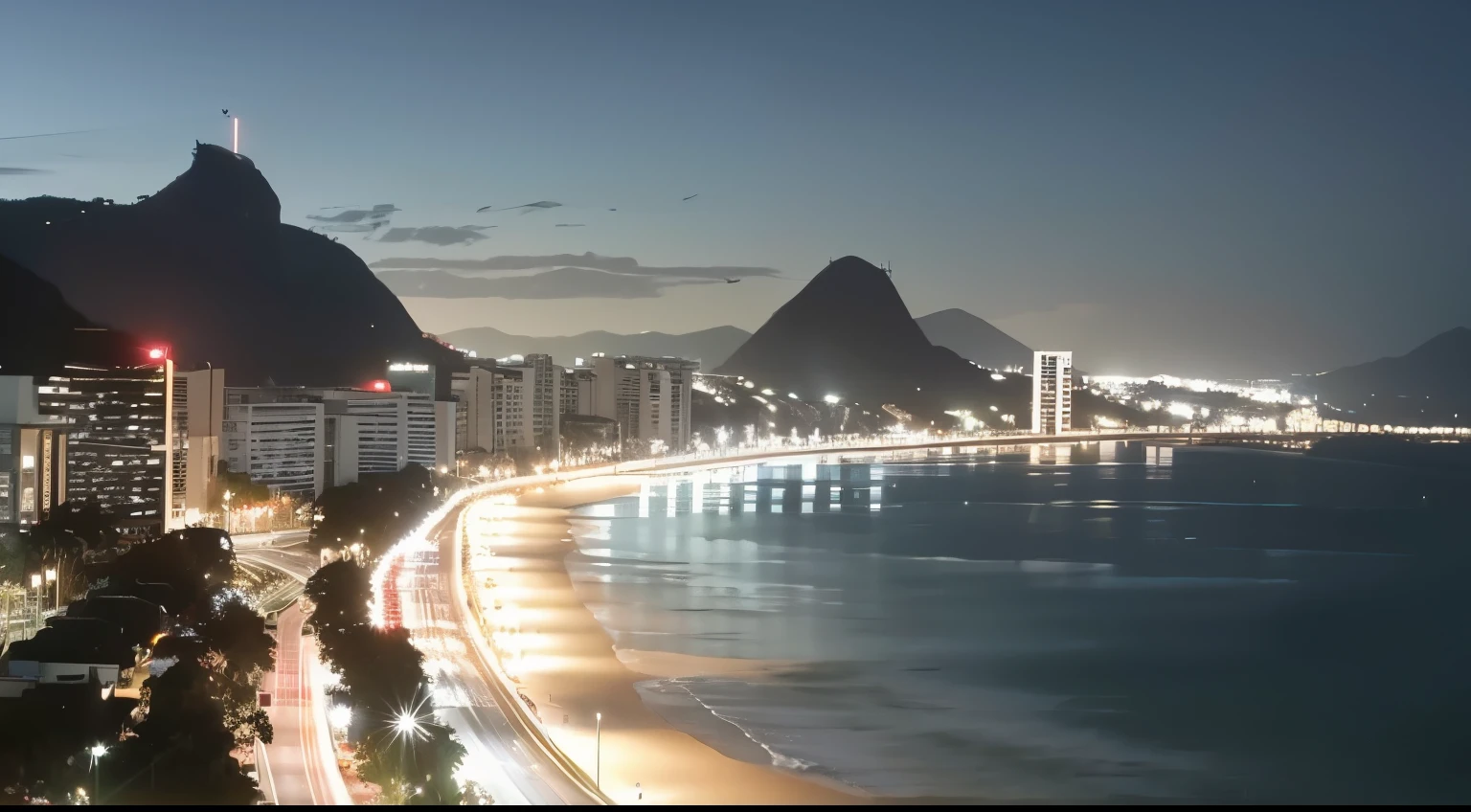 panoramic view of a city at night with beach and mountains in the background, rio de janeiro, altamente realista. Live camera, nublado lighting, Time lapse, nice slight nublado weather, slight nublado lighting, dark nublado weather, Dramatic, big nublado, captura de tela da webcam, imagens de webcam, nublado!!!, noite sinistra, eerie lighting, 4 0 9 6, filmado na webcam