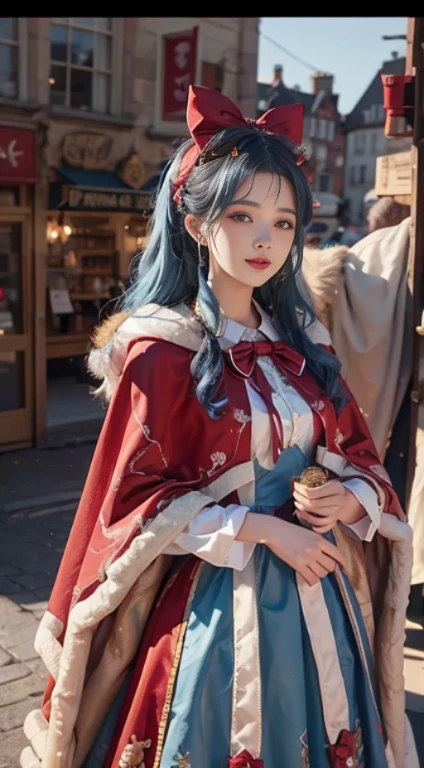 1 girl，hoody，fur cape，Blue hair，ssmile，Lolita costume，Extra-long hair，Red bow hair ornament，The content is very detailed,center frame,Focus sharp,City，natta，Ski slopelizzarding，luring，8K，tmasterpiece，winning artwork，