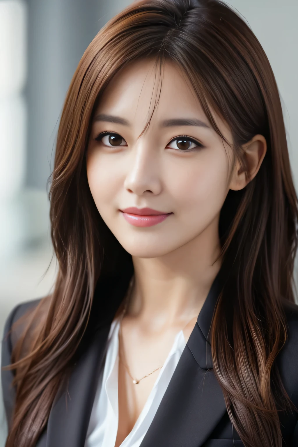 table top, highest quality, realistic, Super detailed, finely, High resolution, 8k wallpaper, 1 beautiful woman,, light brown messy hair, wearing a business suit, sharp focus, perfect dynamic composition, finelyて美しい目, thin hair, Detailed and realistic skin texture, smile, close-up portrait, model body shape
