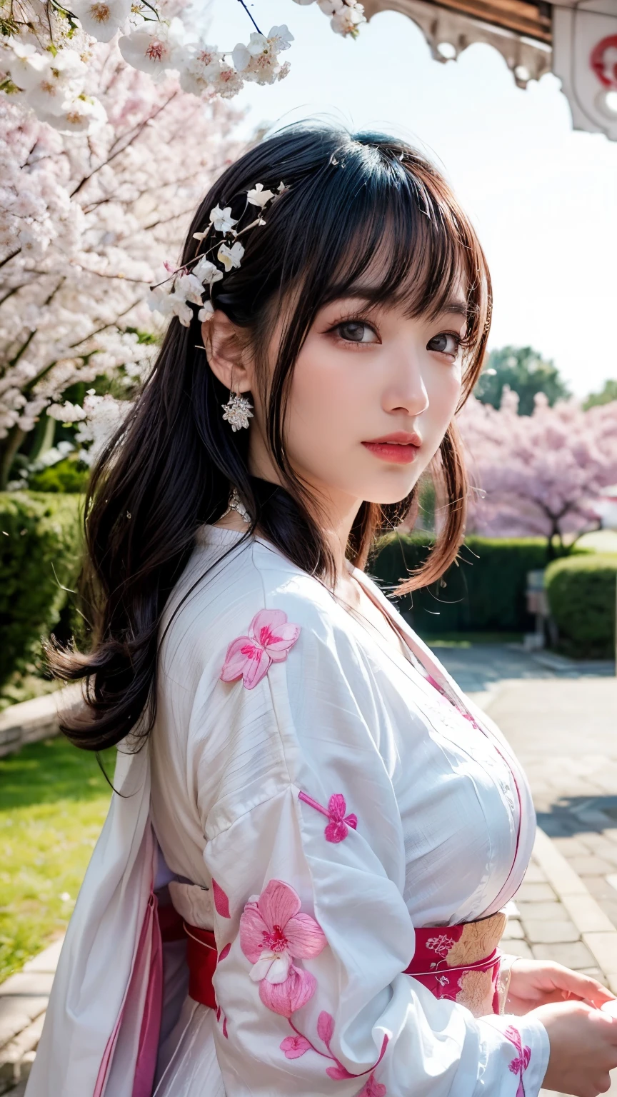 (logo、masterpiece、8k、table top、RAW photo、wonderful、最high quality、Photorealistic and hvery detailed CG integrated 8k wallpaper、high quality、very detailed、Narrative poem、particle effects、dynamic effects、Depth of written boundary、cinematic light、Lens flare、ray tracing)、fantasy、 (1 beautiful woman、white kimono、Japan Dresses、white cherry blossom pattern、White cherry blossom embroidery pattern、black haired、beautiful face、real face、beautiful details eyes beautiful skin)、Hair flutters in Wind、hair bounces、pink cherry tree、petals dance、SakuraFubuki、wonderful景色、sunrise、sun on background、Wind、god々、teeth、god話、vast land
