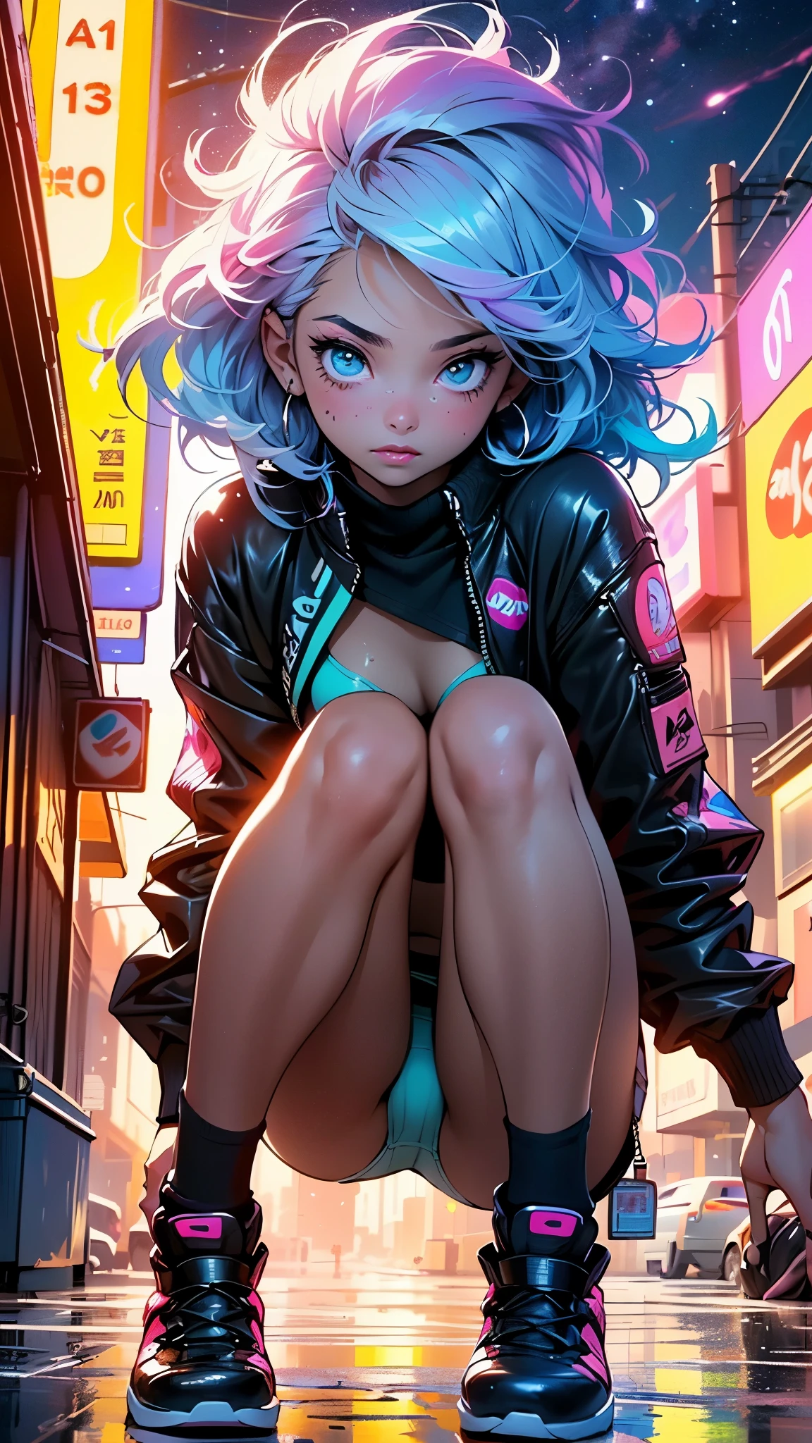 cute cartoon little ,(((little ,small tiny body,,chibi))),(((6 ))),((extremely cute cartoon girl with liquid paint hair)),(((1 toddler:1))), (baby face),ace),
(((flat chest))),(((short hair,liquid paint hair:1.1,neon purple hair|neon pink hair|neon blue hair|neon aqua hair|purple hair|fuchsia hair|fluorescent blue hair|amethyst hair|neon hair|bright pink hair :1.5,bright hair: 1.3,hair made of paint and defies gravity,thick flowing,paint splatter:1.3,shiny hair: 1.3,vibrant colored hair))),((heterochromia:1.5, (purple_eye and pink_eye))),intricate eyes,beautiful detailed eyes,symmetrical eyes,big eyes:1.5,((fat)),(((lustrous skin:1.5,bright skin: 1.5,skin tanned,shiny skin,very shiny skin,shiny body,plastic glitter skin,exaggerated shiny skin,illuminated skin,wet legs))),(detailed body),(detailed face),
cute,slutty,seductive,erotic,(((nsfw))),
revealing clothing,show skin,(wearing a Neon color theme clothing:1.3,micro clothes,fluorescent and neon clothing,rave fashion,micro crop top,micro skirt,visible thong straps,accessories LED),((underpants strap)),((wet clothes,intricate outfit,intricate clothes)),
(dynamic pose:1.0),solo focus,embarrassed,(centered,scale to fit dimensions,Rule of thirds),
cyberpunk city by the ocean at night, with bright neon signs and dark stormy clouds and puddles, scenery:1.25,nighttime, starry night, cosmos,Very dark night that makes the neon lights stand out, very bright neon lights,nighttime, starry night, cosmos,
artistic photography,(photography taken by sldr),highres, sharp focus,(ultra detailed, extremely detailed), (photorealistic artwork:1.37),(extremely detailed CG unity 8k wallpaper),((synthwave background theme)),(((vibrant colors))),intricate,(intricate background),(masterpiece),(best quality),perfect rendered face,perfect face details,realistic face,photo realistic,analog style,((intricate detail)),(((realism))),