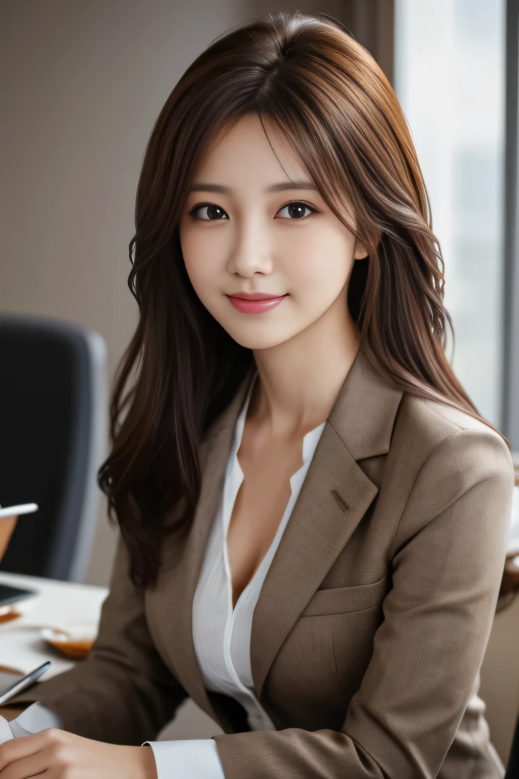 table top, highest quality, realistic, Super detailed, finely, High resolution, 8k wallpaper, 1 beautiful woman,, light brown messy hair, wearing a business suit, sharp focus, perfect dynamic composition, finelyて美しい目, thin hair, Detailed and realistic skin texture, smile, close-up portrait, model body shape