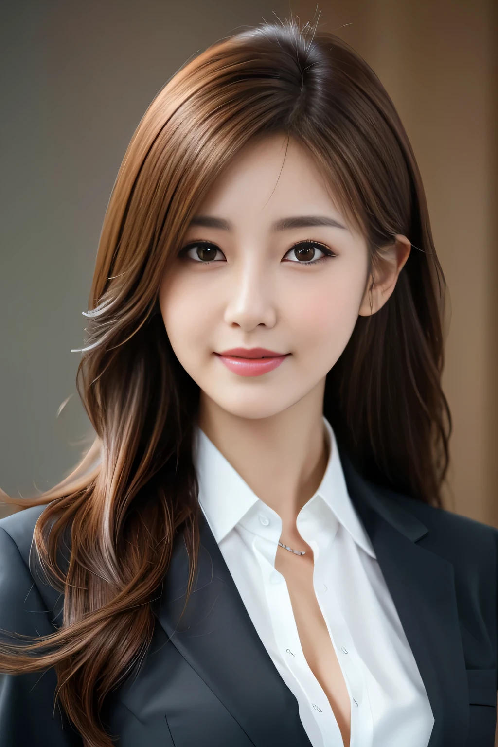 table top, highest quality, realistic, Super detailed, finely, High resolution, 8k wallpaper, 1 beautiful woman,, light brown messy hair, wearing a business suit, sharp focus, perfect dynamic composition, finelyて美しい目, thin hair, Detailed and realistic skin texture, smile, close-up portrait, model body shape