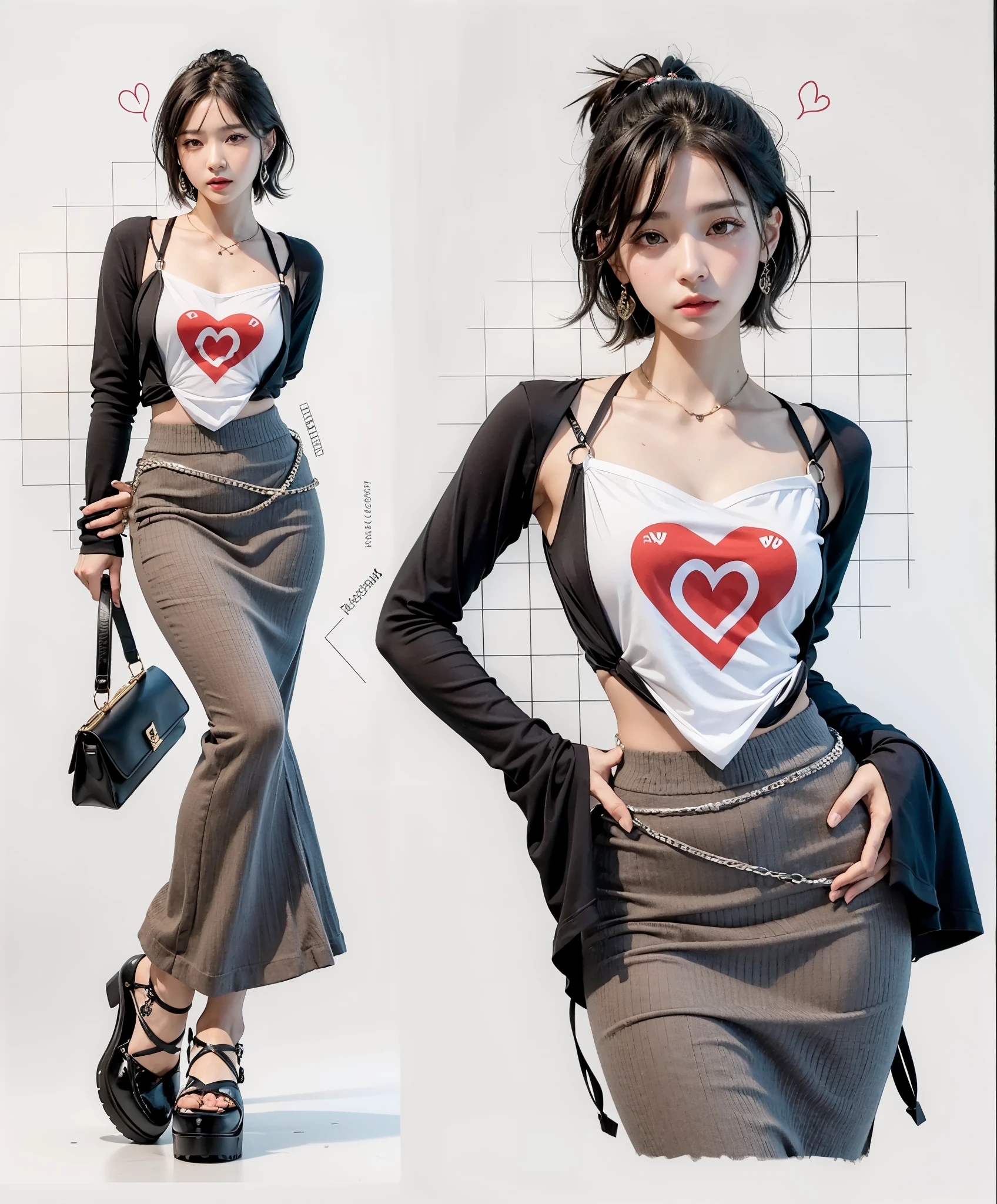 there is a woman in a skirt and a shirt with a heart, Ropa de pecho en V abierta, tendencia en cgstation, tendencia en cgstation, jia, cai xukun, modelo de moda femenina coreana, sha xi, vestido con ropa larga y fluida, Tifa Lockheart, Y2K Design, sakimichan, xianxia de cuerpo completo