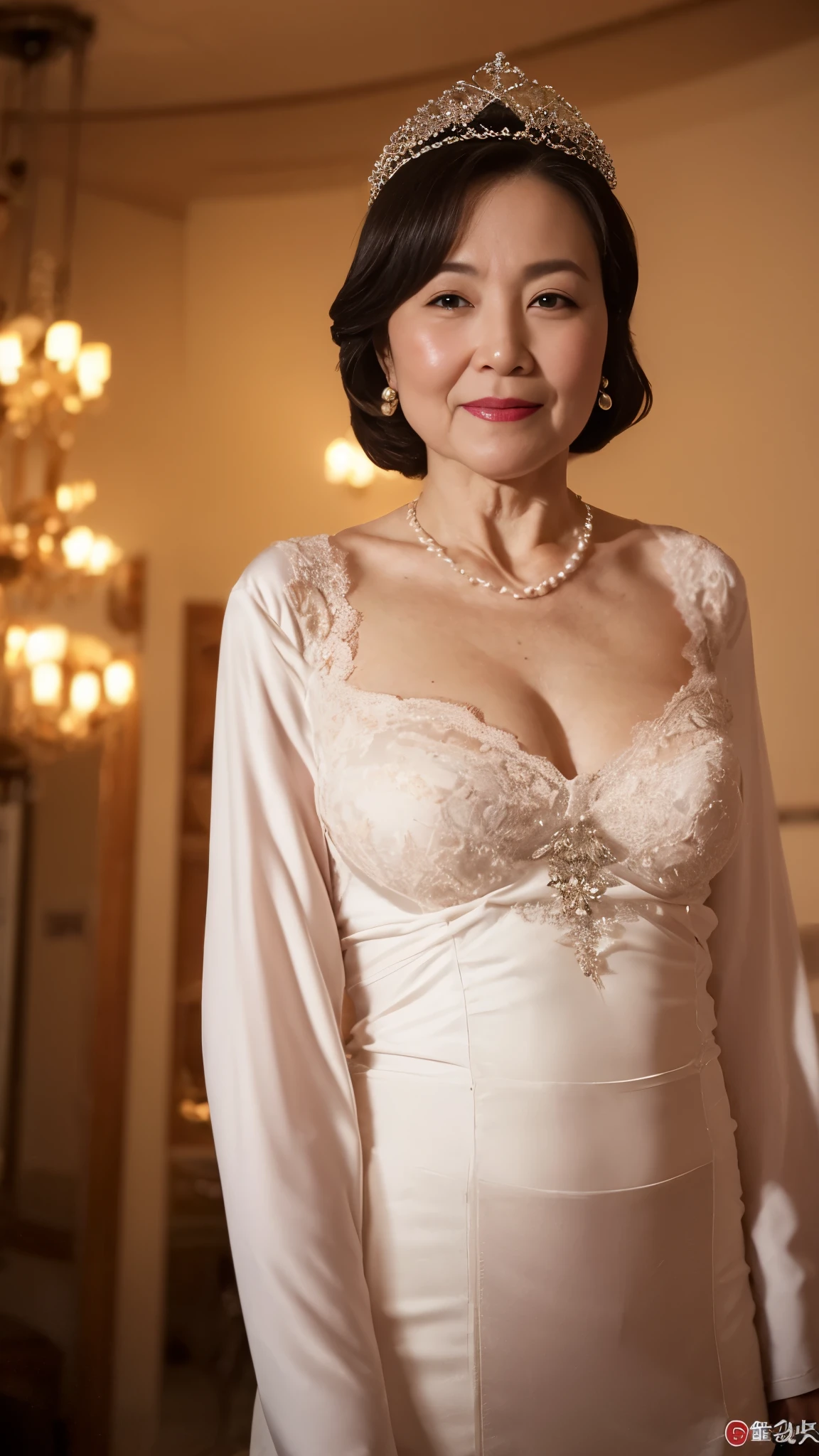 ((elderly mature woman)), ((Focused)), (chandelier), (Wearing a tiara), pearl necklace, gravure, describe the lips correctly, red lipstick, from the chest up, In underwear, senior citizen,mature woman, flashy face, highest quality, super high quality, realistic, super dense skin, perfect explanation, (1 Japanese mature woman), (erotic), 100 years old, big breasts, Bewitching, Glamour, sexy, pure white skin, looking at the viewer,