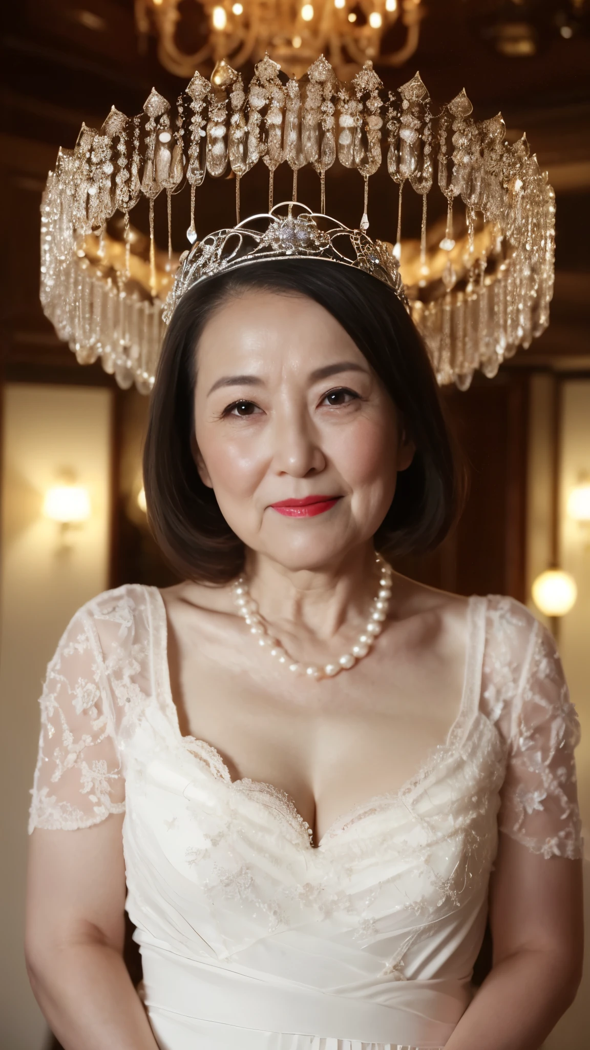 ((elderly mature woman)), ((Focused)), (chandelier), (Wearing a tiara), pearl necklace, gravure, describe the lips correctly, red lipstick, from the chest up, In underwear, senior citizen,mature woman, flashy face, highest quality, super high quality, realistic, super dense skin, perfect explanation, (1 Japanese mature woman), (erotic), 100 years old, big breasts, Bewitching, Glamour, sexy, pure white skin, looking at the viewer,