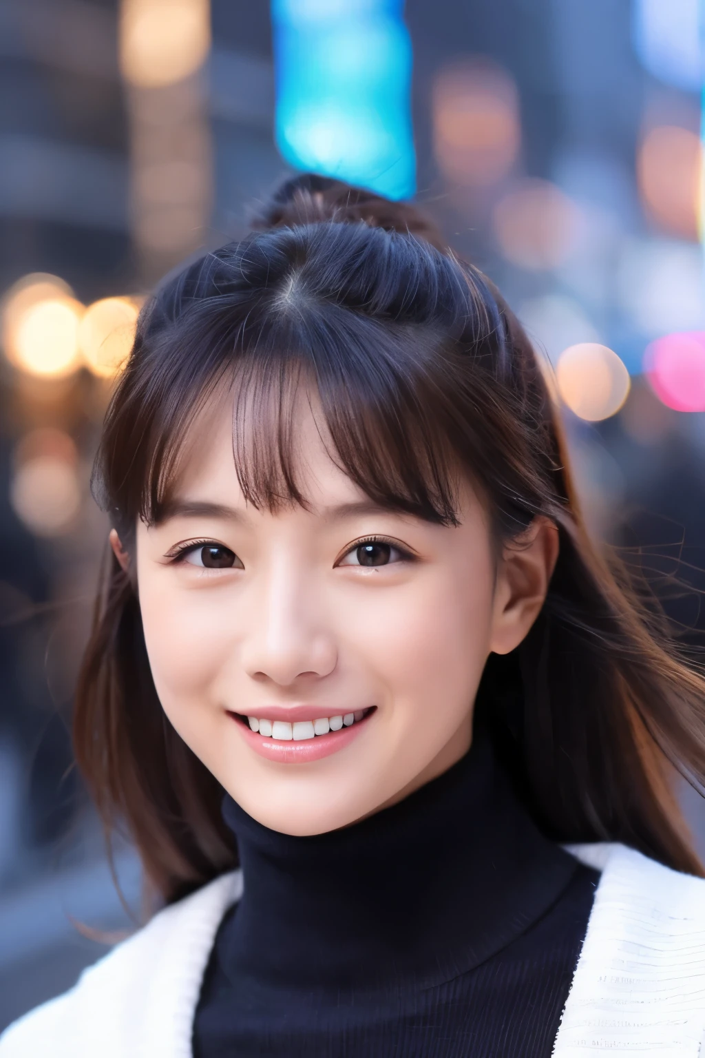The face of the hostess、turtleneck wool sweater、hiquality、A hyper-realistic、healthy、Smiling expression、Slender perfect figure、Japan Beauty、 perfect  eyes、Beautiful skin、The upper part of the body、Snowy city