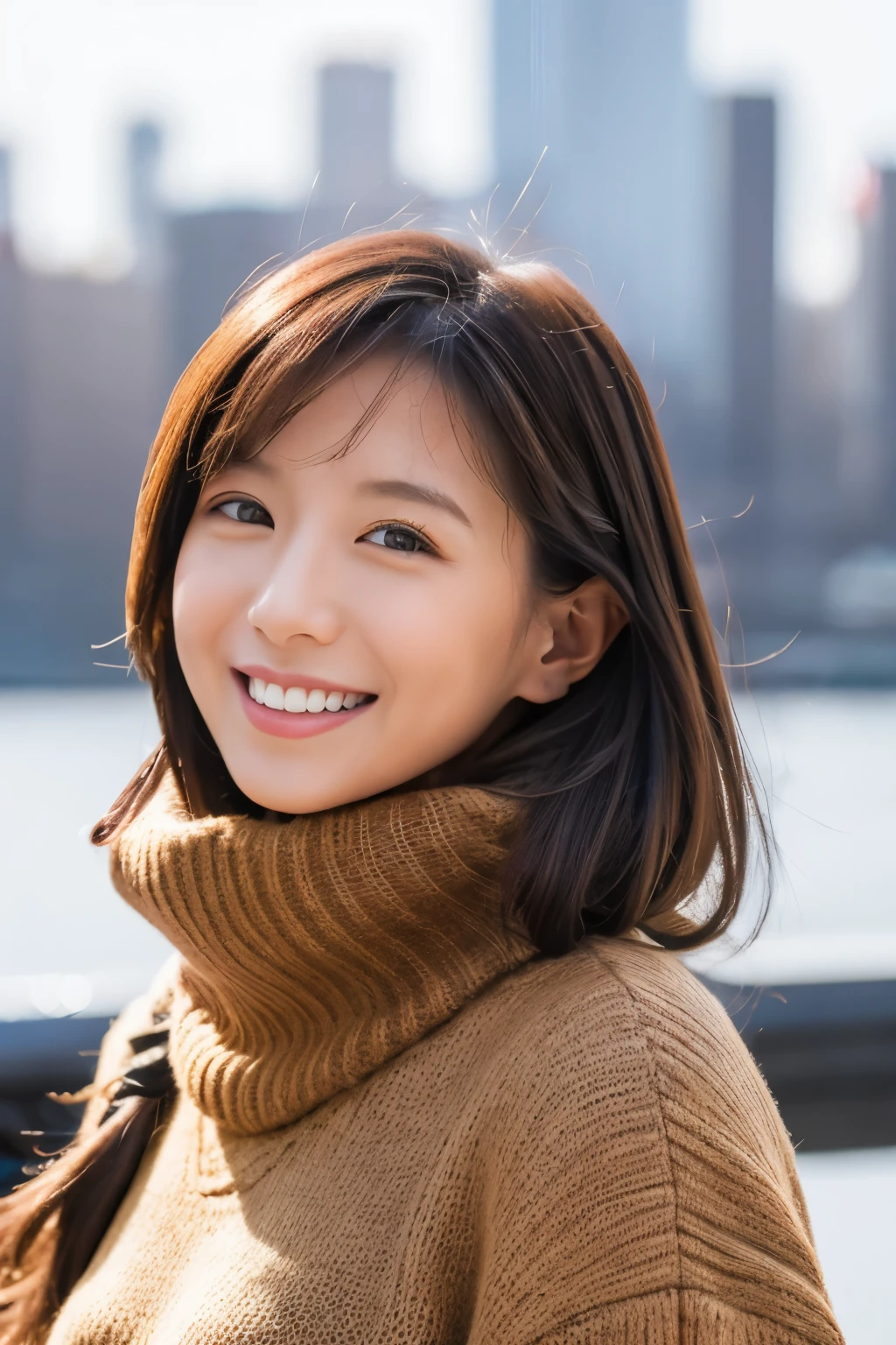The face of the hostess、turtleneck wool sweater、hiquality、A hyper-realistic、healthy、Smiling expression、Slender perfect figure、Japan Beauty、 perfect eyes、Beautiful skin、The upper part of the body、Snowy city