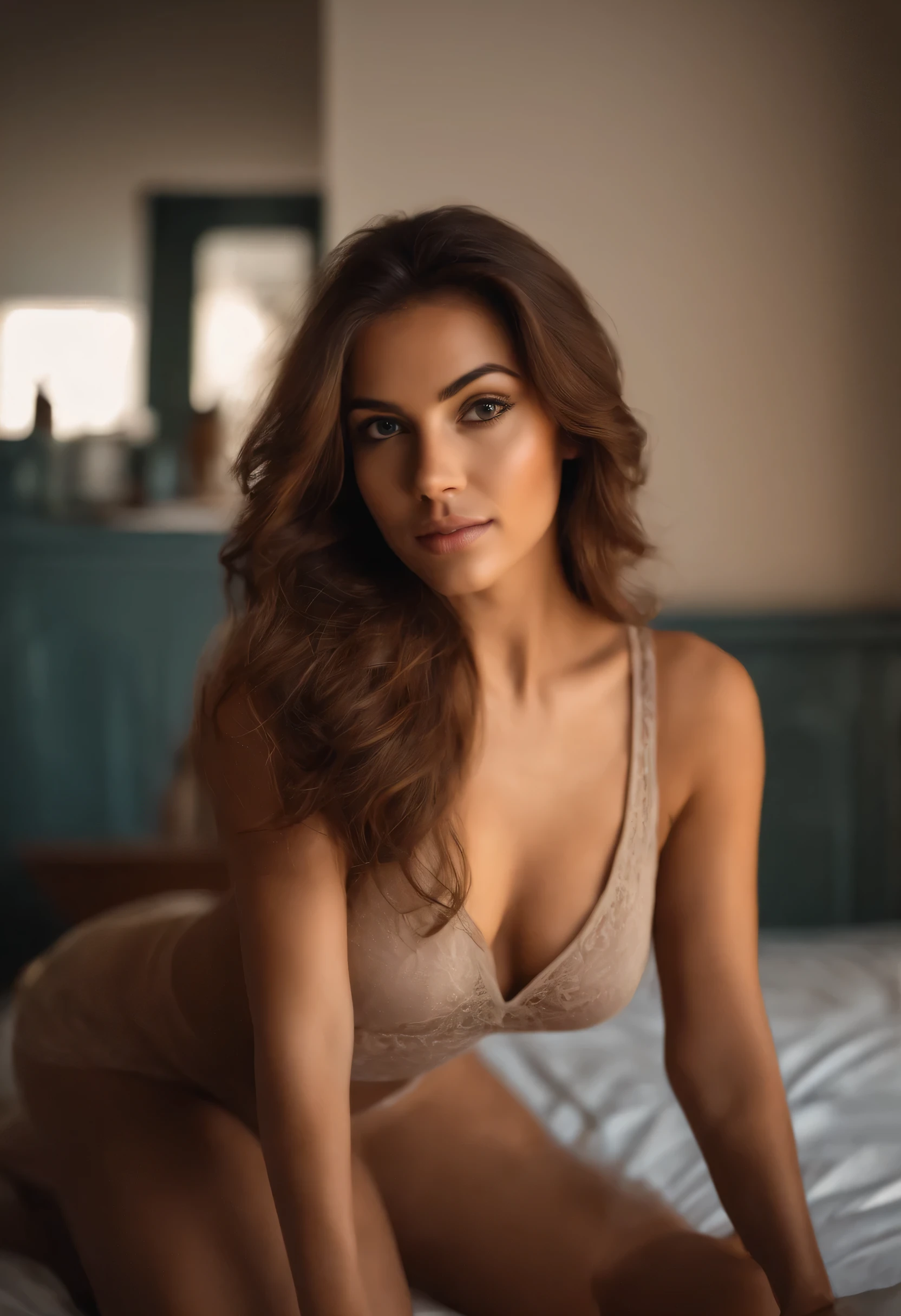 Woman in underwear, Pele castanha clara, garota sexy, cabelo castanho, selfie de uma jovem, maquiagem natural, looking directly at the camera