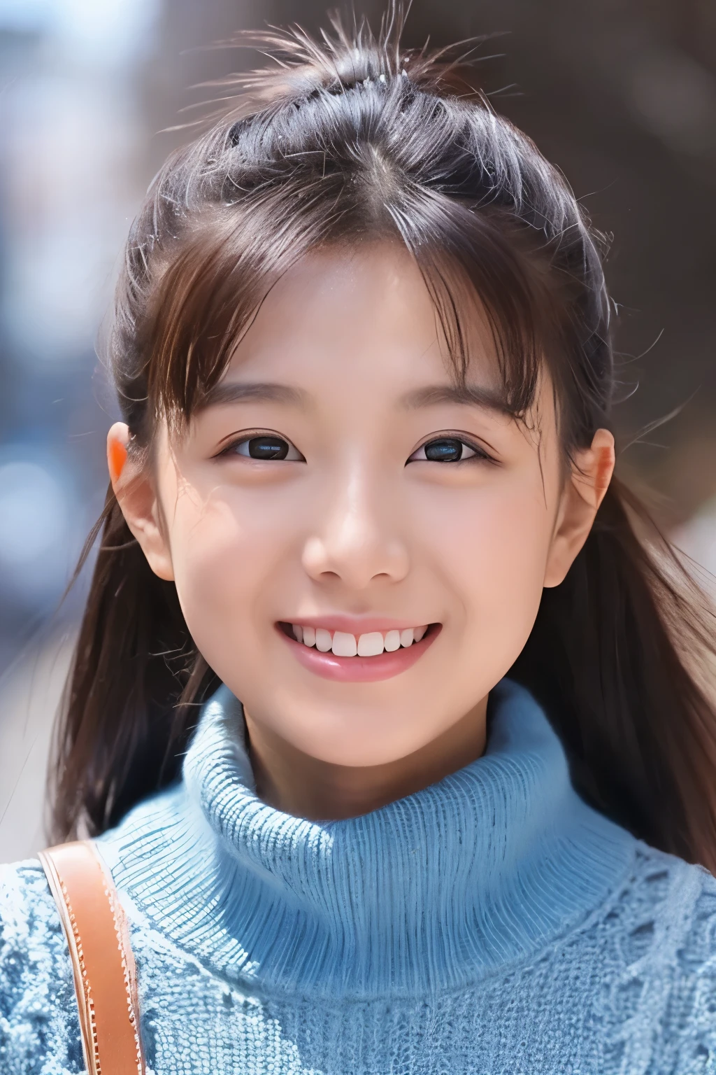 The face of the hostess、turtleneck wool sweater、hiquality、A hyper-realistic、healthy、Smiling expression、Slender perfect figure、Japan Beauty、 perfect  eyes、Beautiful skin、The upper part of the body、Snowy city