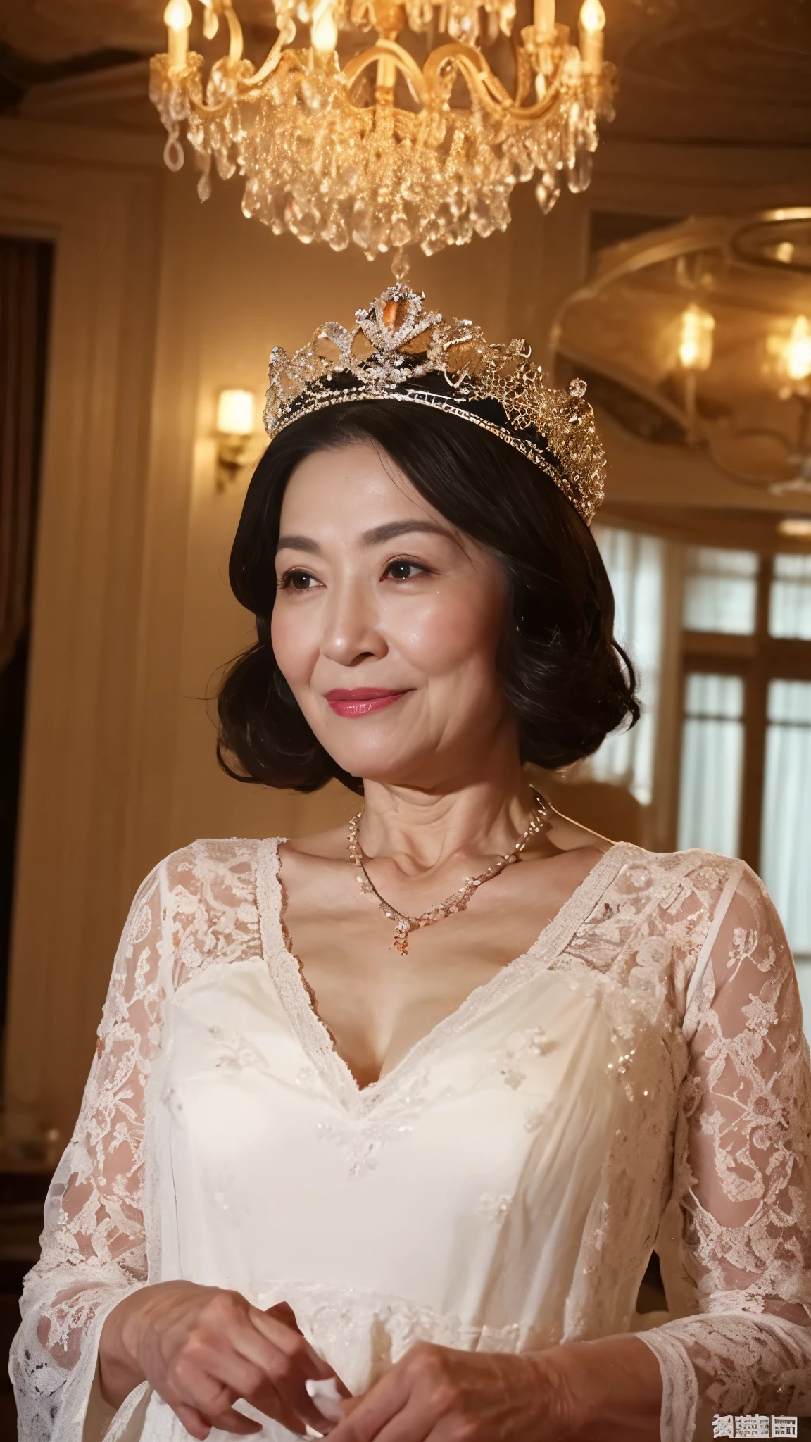 ((elderly mature woman)), ((Focused)), (chandelier), (Wearing a tiara), pearl necklace, gravure, describe the lips correctly, red lipstick, from the chest up, In underwear, senior citizen,mature woman, flashy face, highest quality, super high quality, realistic, super dense skin, perfect explanation, (1 Japanese mature woman), (erotic), 100 years old, big breasts, Bewitching, Glamour, sexy, pure white skin, looking at the viewer,