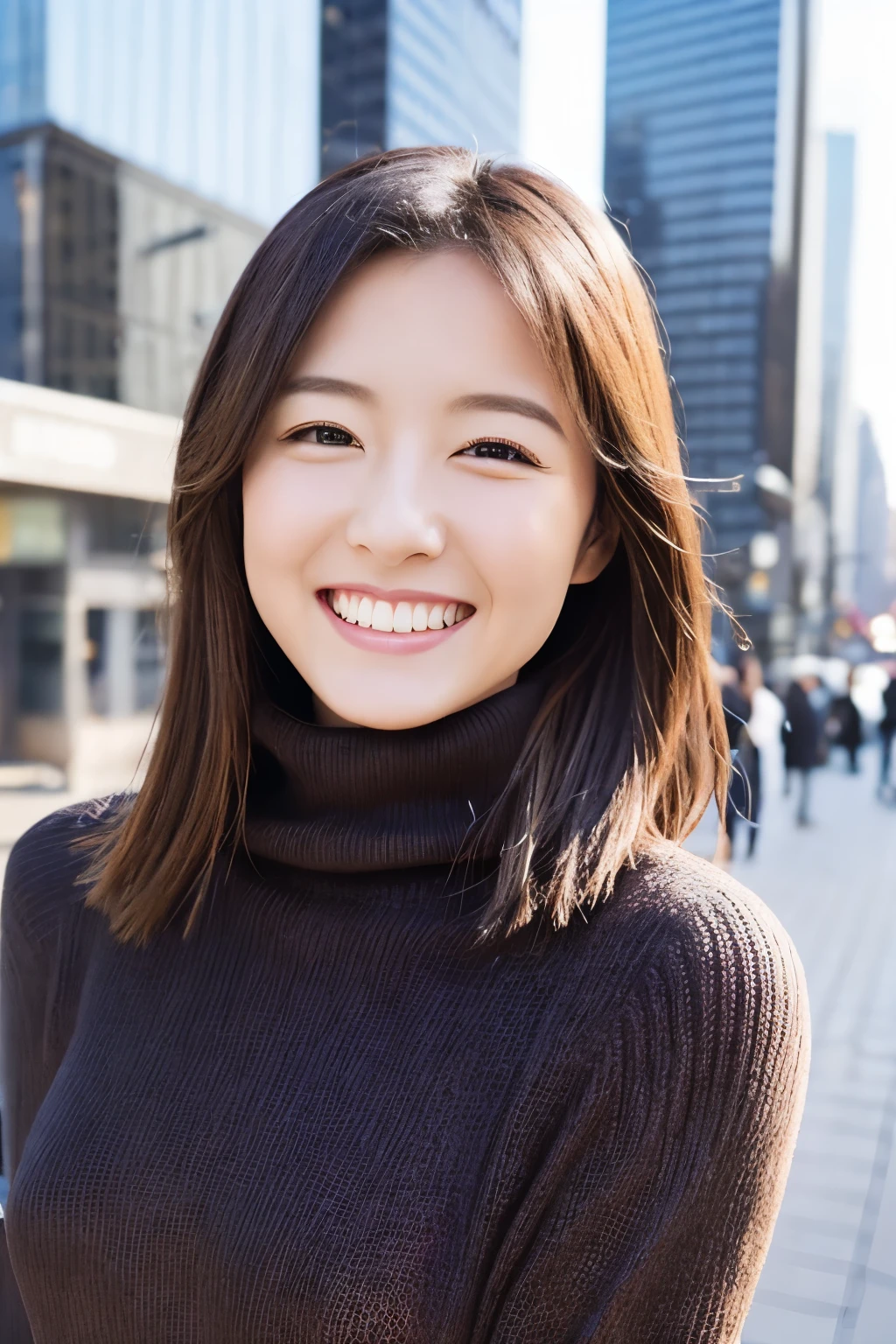 The face of the hostess、turtleneck wool sweater、hiquality、A hyper-realistic、healthy、Smiling expression、Slender perfect figure、Japan Beauty、 perfect  eyes、Beautiful skin、The upper part of the body、Snowy city