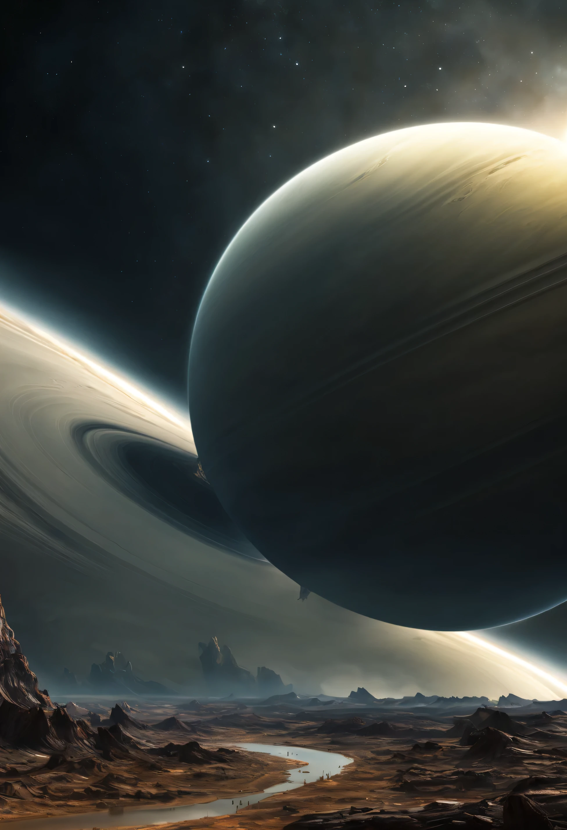 a storm on Saturn, planet on the main, low angle, (Universe:1.2), (complex parts:1.22), HDR, (complex parts, Hyper detailed:1.2), whole body, cinematic, intensive, cinematic composition, cinematic lighting, (rim lighting:1.3), color correction, concentrated,Best quality, Realistic, A high resolution),(Masterpiece, top quality, Best quality, Official art, detailed