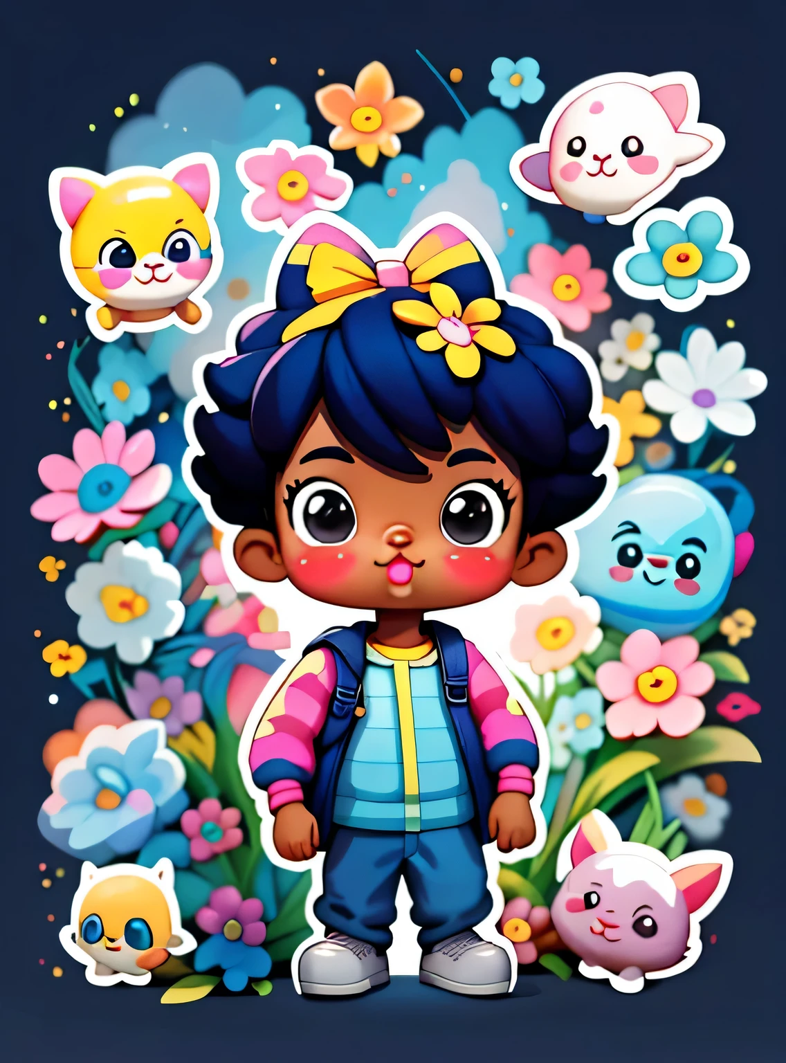 A cartoon girl with glasses, menino afro-americano, menino afro-americano, mochila azul, long pants, Muitas bolhas, flores, menino negro super fofo e descolado, arte digital detalhada fofa, retrato de Lisa Frank, arte digital fofa, estilo de arte dos desenhos animados, Estilo de arte de desenho animado, colorful illustration, advanced digital chibi art, cartoon style illustration, adorable digital painting, estilo de arte fofo, estilo lisa franca, Personagem de desenho animado fofo, colorful flores
