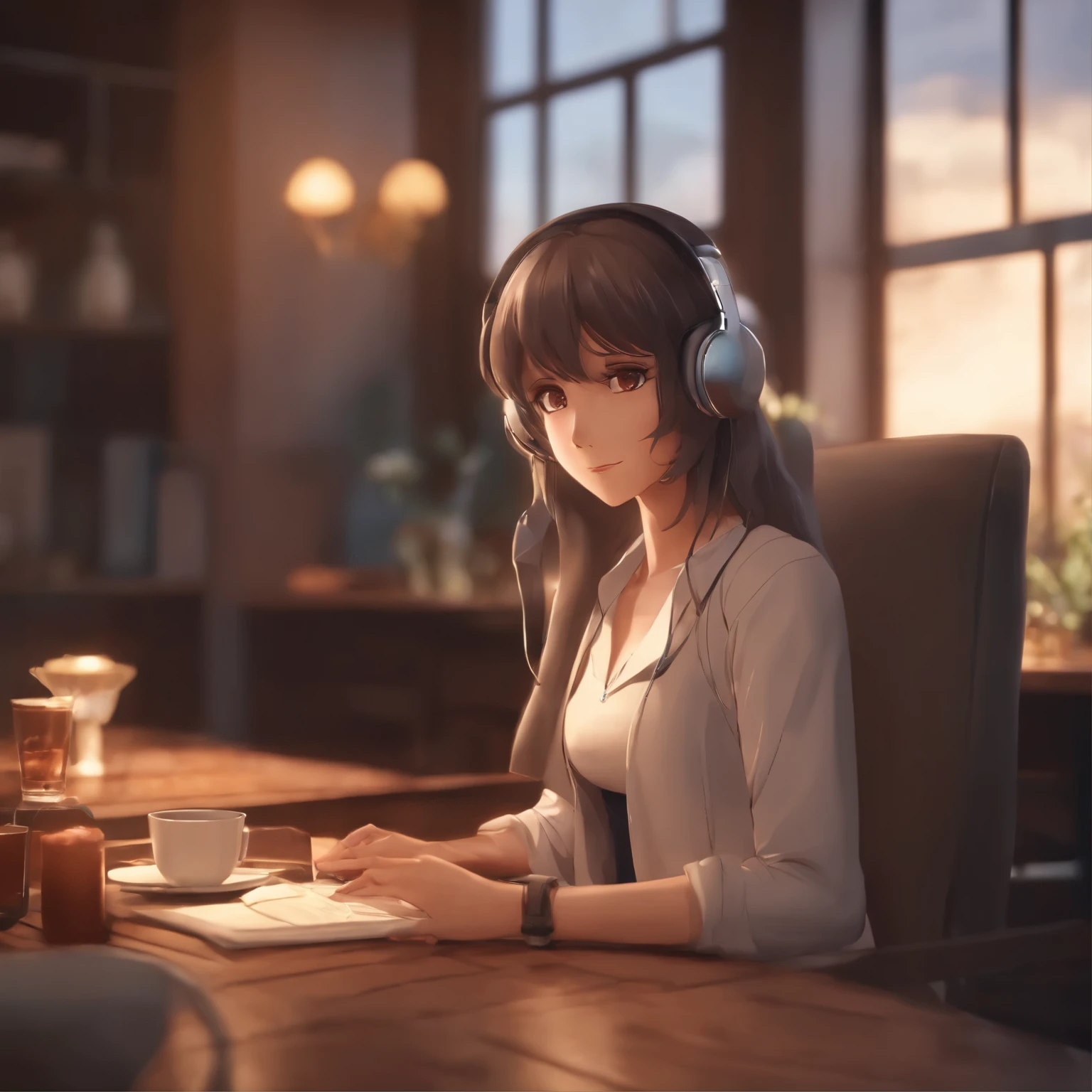 garota de anime sentada em uma mesa com fones de ouvido para escrever, estilo anime 4 k, Anime digital illustration, digital anime art, estilo anime. 8K, estilo de arte anime moe, Papel de parede de arte anime 4K, Papel de parede de arte anime 4k, estilo anime illustration, arte cg de anime suave, arte digital detalhada de anime, Papel de parede de arte anime 8K, estilo anime 3 d realista