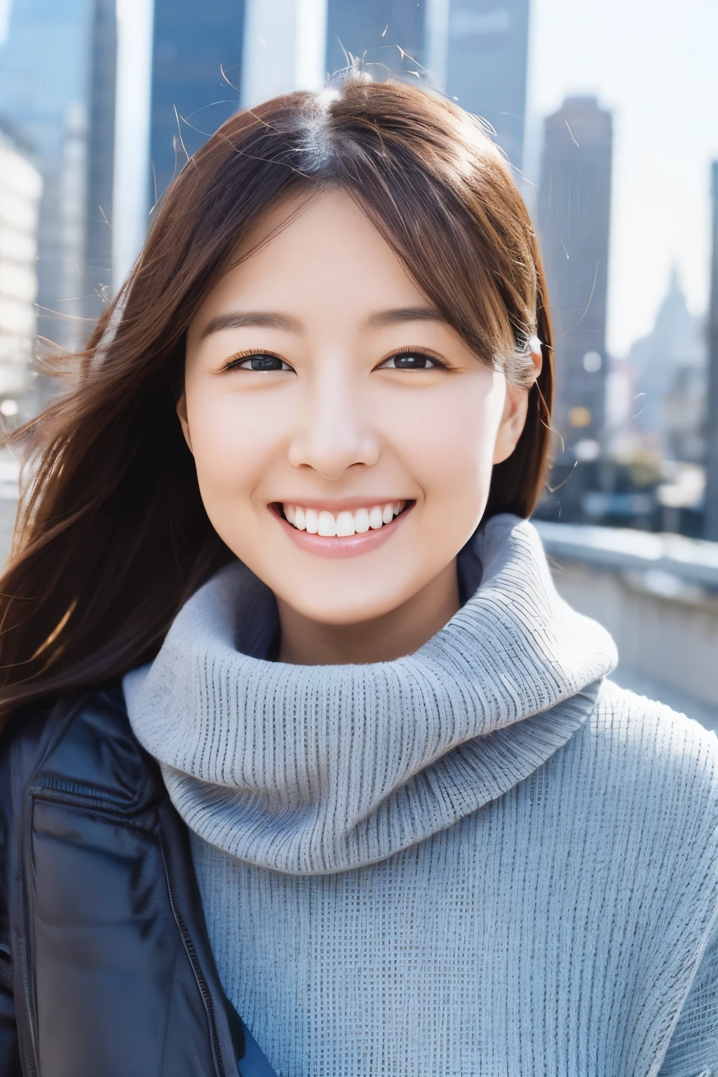 The face of the hostess、turtleneck wool sweater、hiquality、A hyper-realistic、healthy、Smiling expression、Slender perfect figure、Japan Beauty、 perfect  eyes、Beautiful skin、The upper part of the body、Snowy city