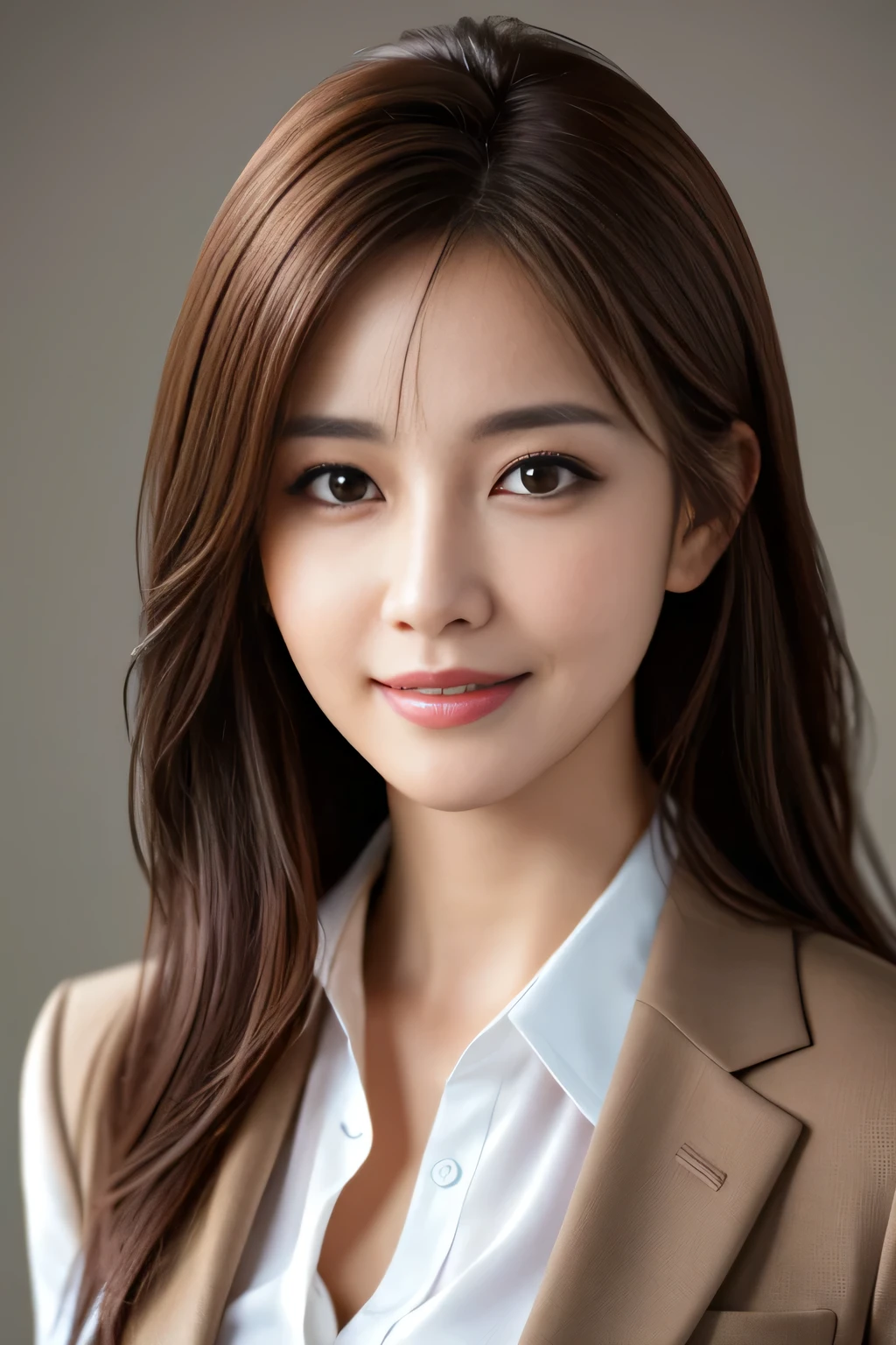 table top, highest quality, realistic, Super detailed, finely, High resolution, 8k wallpaper, 1 beautiful woman,, light brown messy hair, wearing a business suit, sharp focus, perfect dynamic composition, finelyて美しい目, thin hair, Detailed and realistic skin texture, smile, close-up portrait, model body shape