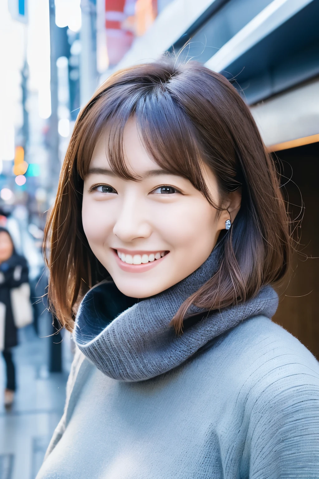 The face of the hostess、turtleneck wool sweater、hiquality、A hyper-realistic、healthy、Smiling expression、Slender perfect figure、Japan Beauty、 perfect  eyes、Beautiful skin、The upper part of the body、Snowy city