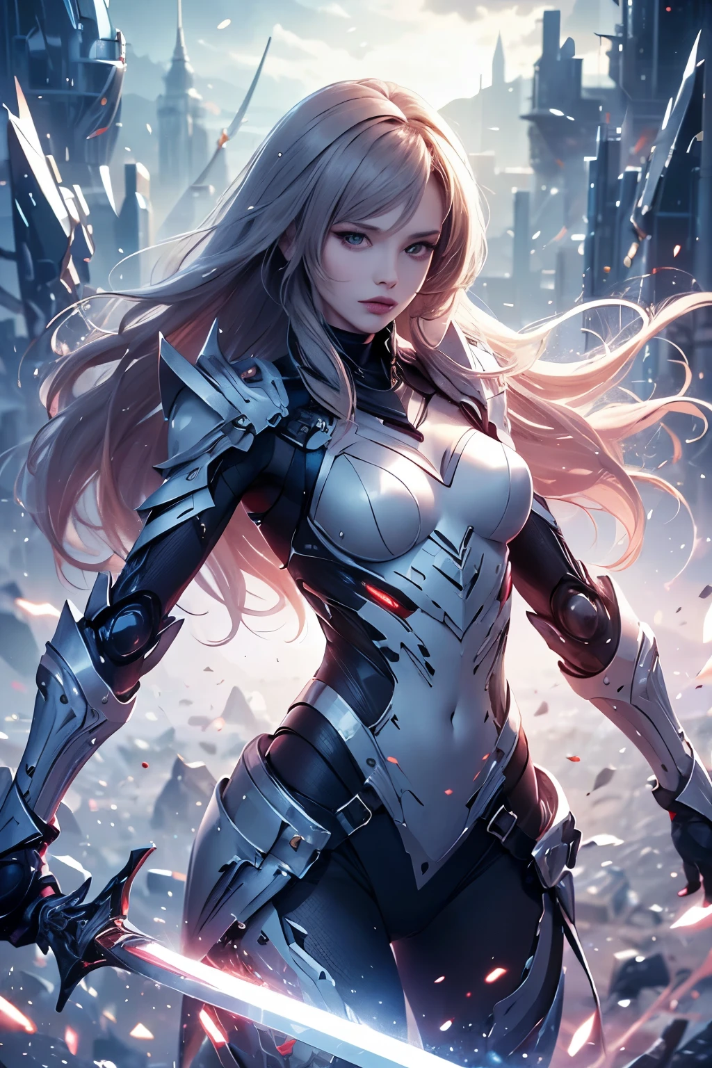 here is a digital art of a very futuristic looking female that has armor and weapons, 1girl, weapon, solo, science fiction, holding, holding weapon, robot