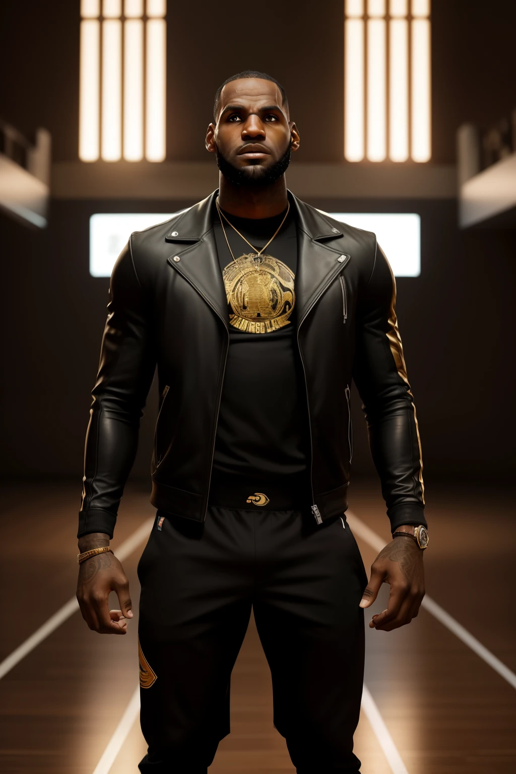 Photo of Lebron James, a powerful and iconic basketball player, captured in a stunning black and gold leather jacket that perfectly accentuates his bulging biceps and exudes an aura of strength and confidence. The portrait showcases his athletic physique and captivating presence, with every detail meticulously rendered to bring out the raw intensity in his gaze and the intricate textures of the jacket. Shot using a state-of-the-art Canon EOS R5 camera with a 50mm lens at F/2.8, the image boasts exceptional quality and resolution, delivering a breathtakingly realistic depiction of Lebron James. The lighting is masterfully crafted, casting a dramatic and cinematic glow on his face and highlighting the chiseled features and expressive eyes that reflect both determination and kindness.