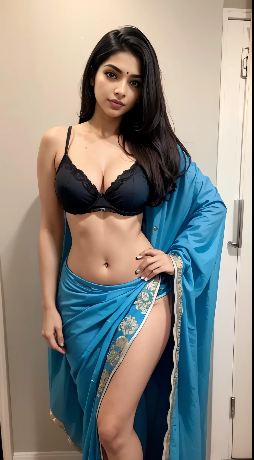 She is sweet, adorable and gorgeous girl who is roughly 5'4" (163 cm) tall in height and weighs around 60kg (132 lbs), while her shoe size is eight. She is very attractive with her black eyes and black hair. She has a beauteous Physique of 38 inches breast, 28 inches waist, and 36 inches hips. She is a Indian Hindu . Wearing a saree. 