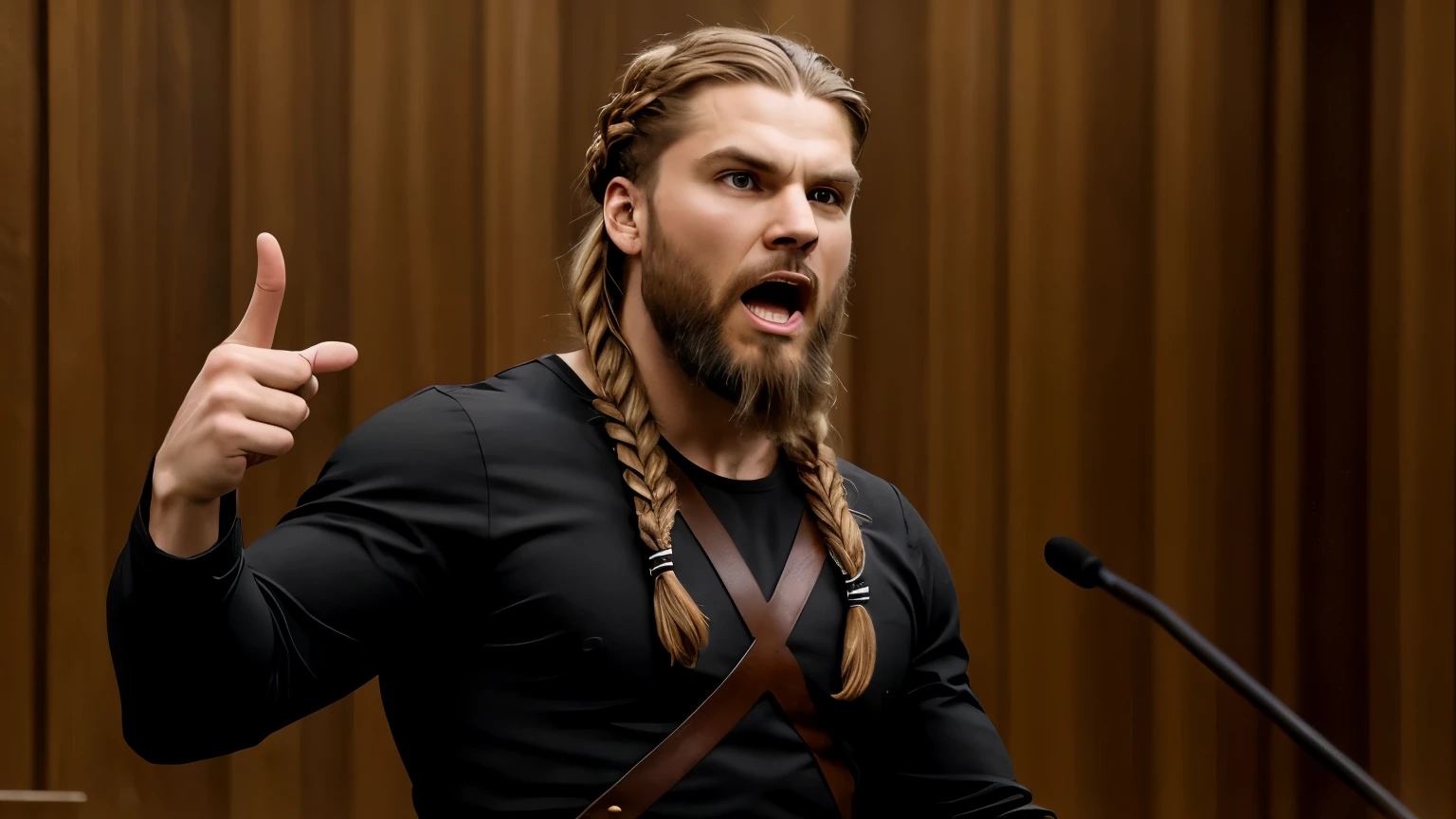 1 male, 27 years old, (long Viking-style braided hair:1.3), Viking beard, wearing a (black long-sleeve tee:1.1), (Mexican descent:1.1), dark-brown hair, fit, athletic, thick eyebrows, looking right, (pointing to the right:1.3), open mouth, screaming, yelling, upset, courtroom backdrop