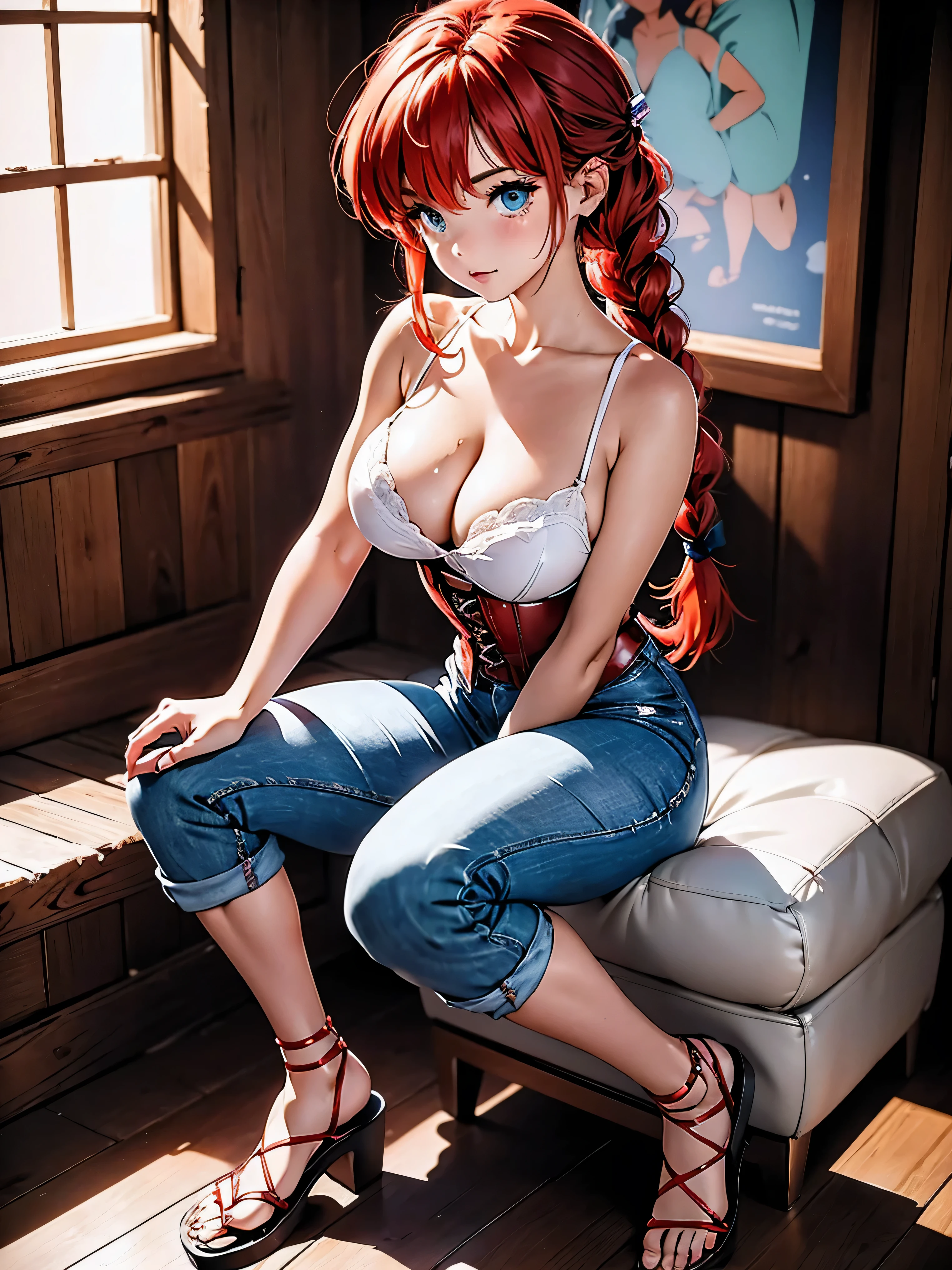 Garota Ruiva de anime em bermuda jeans e corset rosa pink, saia, 15 anos, corpo bonito, seios grandes, com as hands on chest, hands on chest, Garota sexy, red hair with braid, mechas de cabelo laterais, mechas de cabelo na lateral do rosto, beautiful lighting, sombras suaves, olhos azuis, pernas bonitas, hair with braid, estilo anime, Ranma Chan, Autora Rumiko Takahashi, Baseado em obra de Rumiko Takahashi, Anime Ranma 1/ 2, decote sexy, quadril robusto, corpo inteiro, corpo inteiro, busto grande, garota jovem com corpo belo e bonito, sandals on his feet, garota 15 anos jovem baixa estatura, vestindo short jeans e corset pink, garota anime, estilo anime, beautiful feet in sandals, 45° viewing angle, ao ar livre, red hair braid, grande , peito grande
