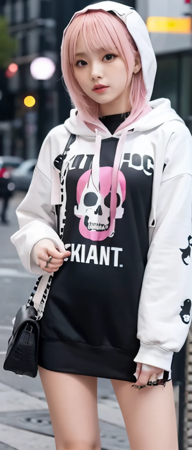 Innocent punk idol、whole body、good style、、、、、Skull print tight mini dress、、hooded jacket、Pink Blonde Hair