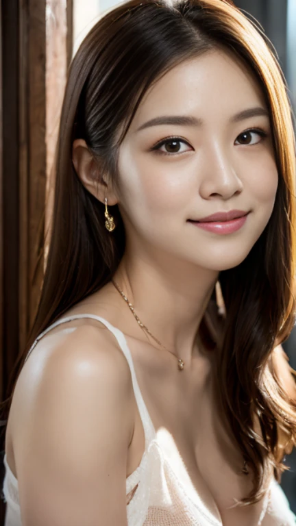 美しい21歳の日本人女性のwhole body写真です、smile gently。her light brown hair、Her hair is long and brown with highlights.、High resolution、masterpiece、highest quality、fine skin、(movie lighting)、clavicle,she looks very nice. she smiles shyly.NSFW、Medium size bust、model body shape、Model Posing、slim、slender、necklace、earrings、bracelet、she is a supermodel、Height is 171 cm、whole body、standing position、she hates wearing clothes、prefers to be naked、Medium size bust、
