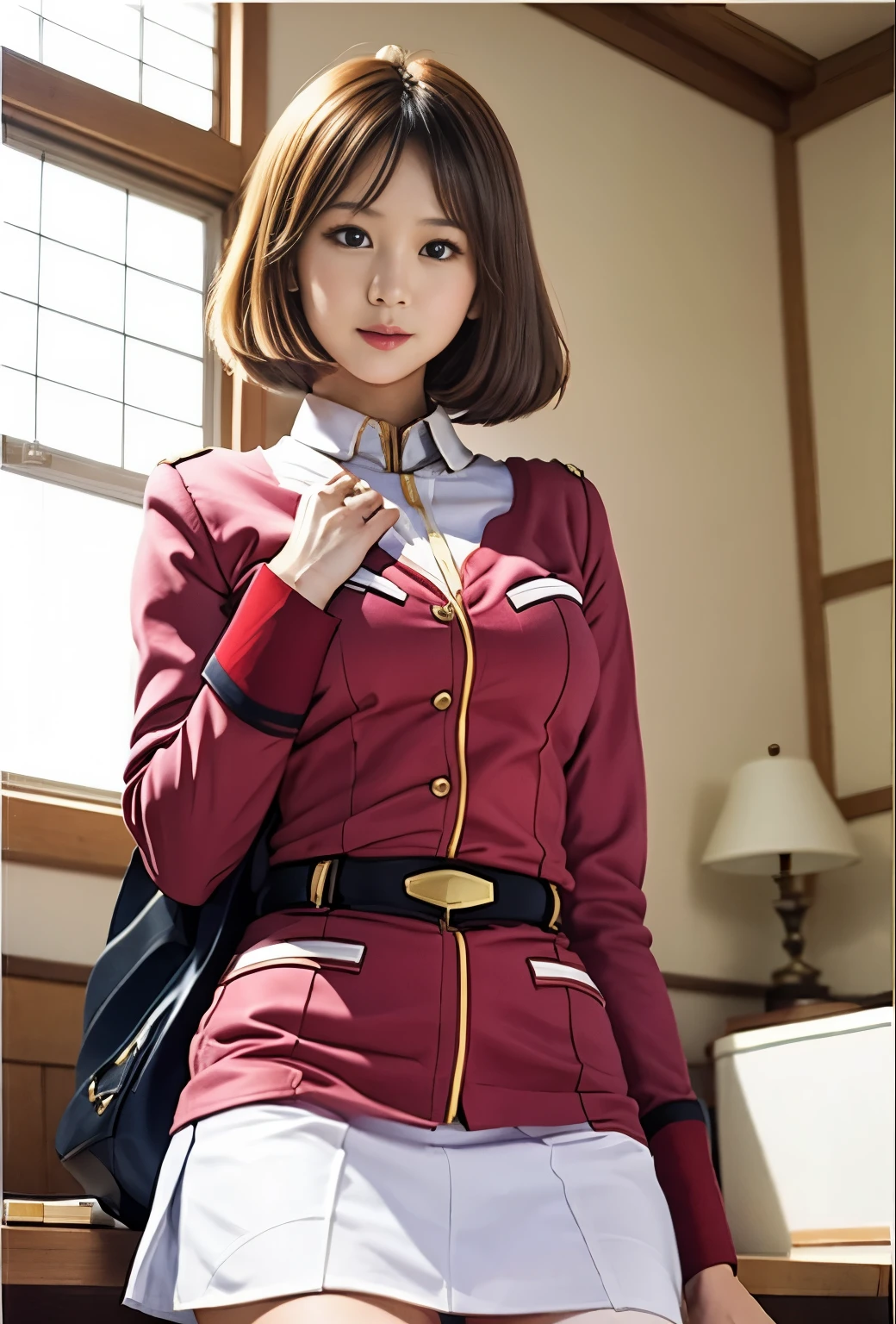 real photos、Highest image quality、real image、federal army uniform miniskirt、Wakako Kashigawa、16age日本人女性、Frau Bow、cute girl、white pantiesが丸見え、16age、(white panties:1.3)、super mini skirt、beautiful thighs、white panties、赤いミニスカートがめくれてwhite pantiesが見えてる