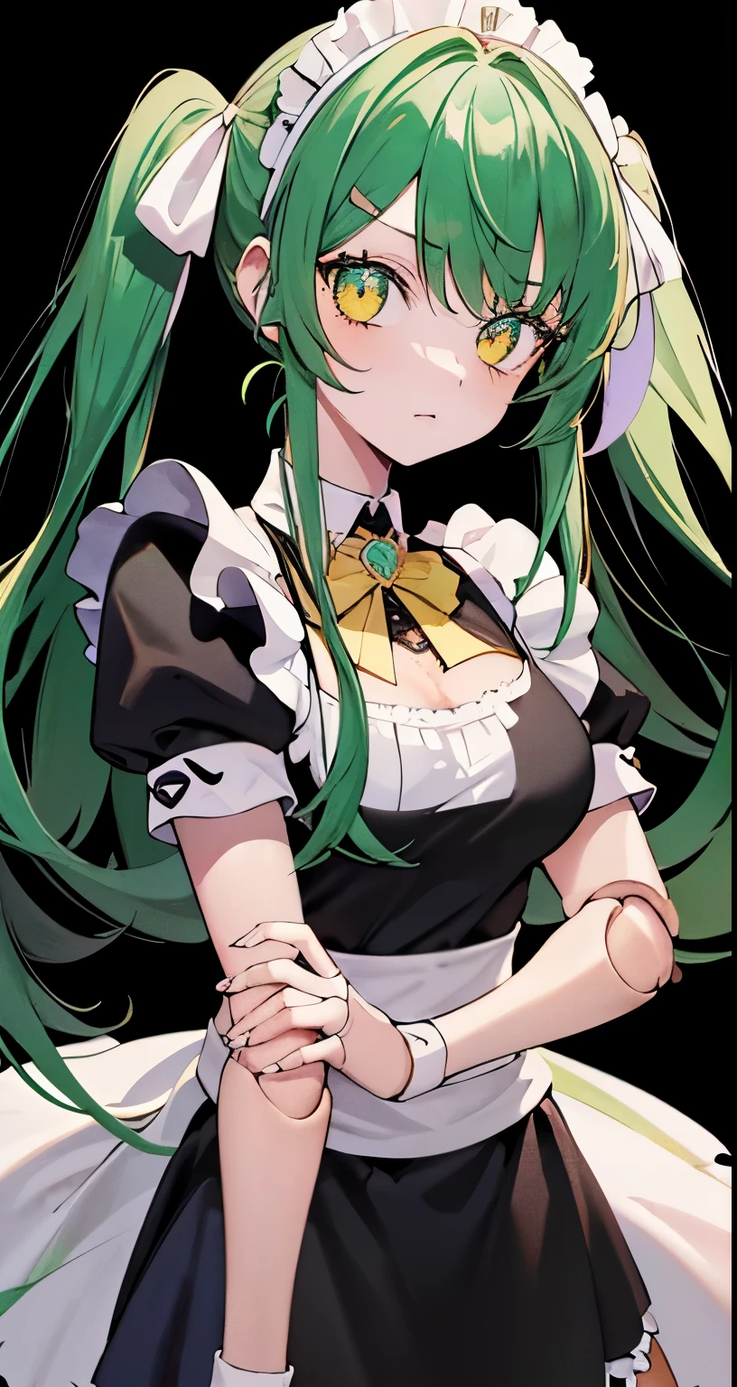 ((Beautiful Beautiful Girl)),(yellow cute eyes), 1  and slender woman, degree々big breasts, ((light green color hair)),((Half  long twin tail Hair)),In 8K, top quality, (highly detailed head: 1.0), (very detailed face: 1.0), (highly detailed hair: 1.0),((black maid costume)), (black side-open skirt),Detailed official artwork, clean detailed anime art,((A cheeky young lady face)),((Doll joints)),(eyes under mole)