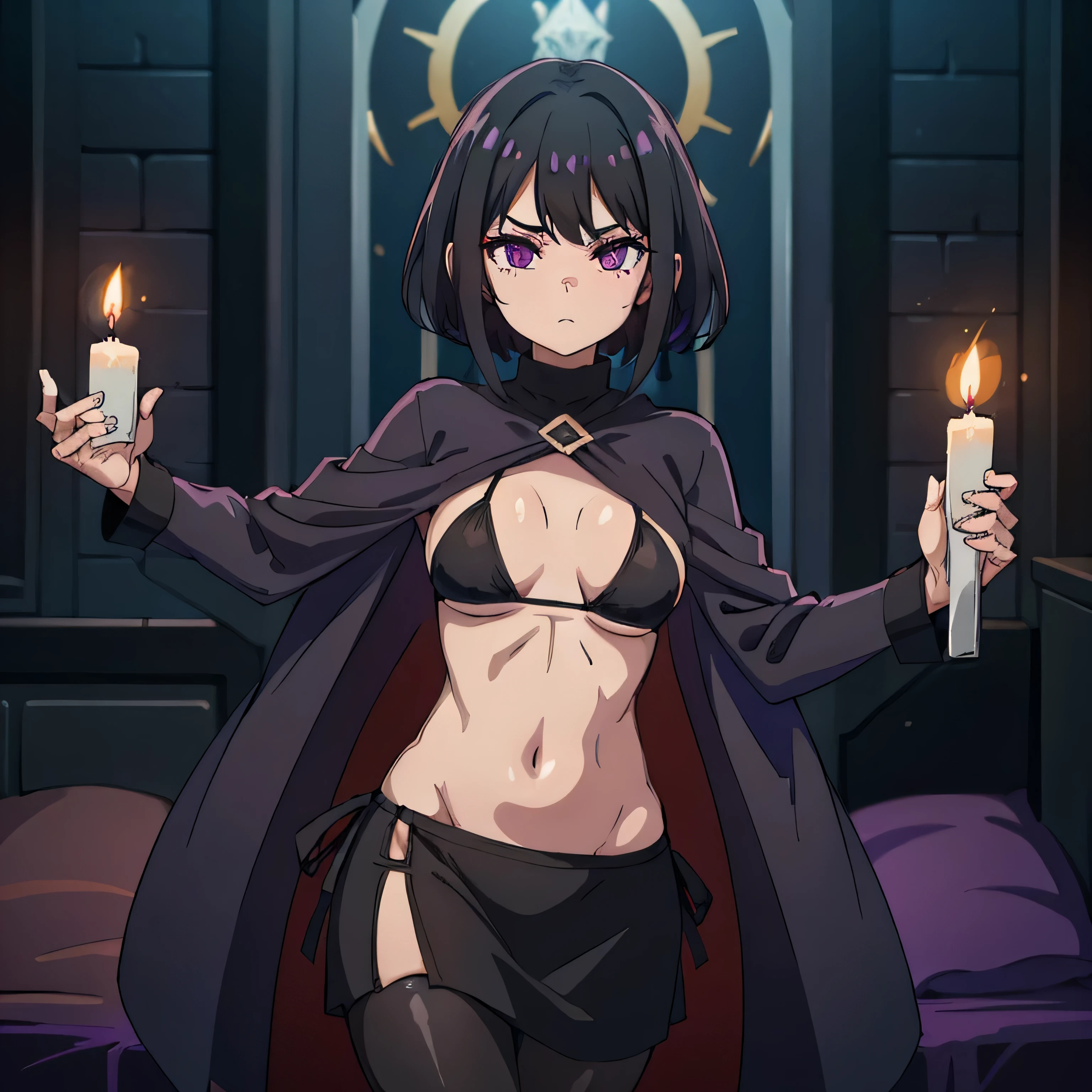 disdainful sorceress. Bindi. pelo negro corto. Purple Hood Up. Capa morada. vestido negro de cuello alto. Pantimedias gris claro. Performing a ritual in his dark room. velas parpadeantes tenues. volumetric light. Mirando con desprecio al espectador. ((bikini))