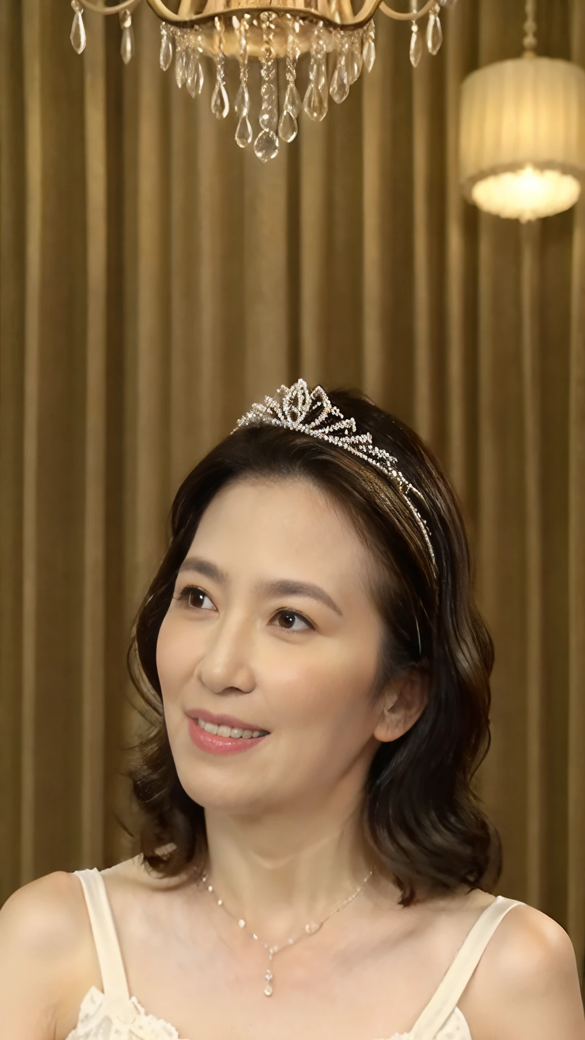 ((elderly mature woman)), ((Focused)), (chandelier), (Wearing a tiara), pearl necklace, gravure, describe the lips correctly, red lipstick, from the chest up, In underwear, senior citizen,mature woman, flashy face, highest quality, super high quality, realistic, super dense skin, perfect explanation, (1 Japanese mature woman), (erotic), 100 years old, big breasts, Bewitching, Glamour, sexy, pure white skin, looking at the viewer,