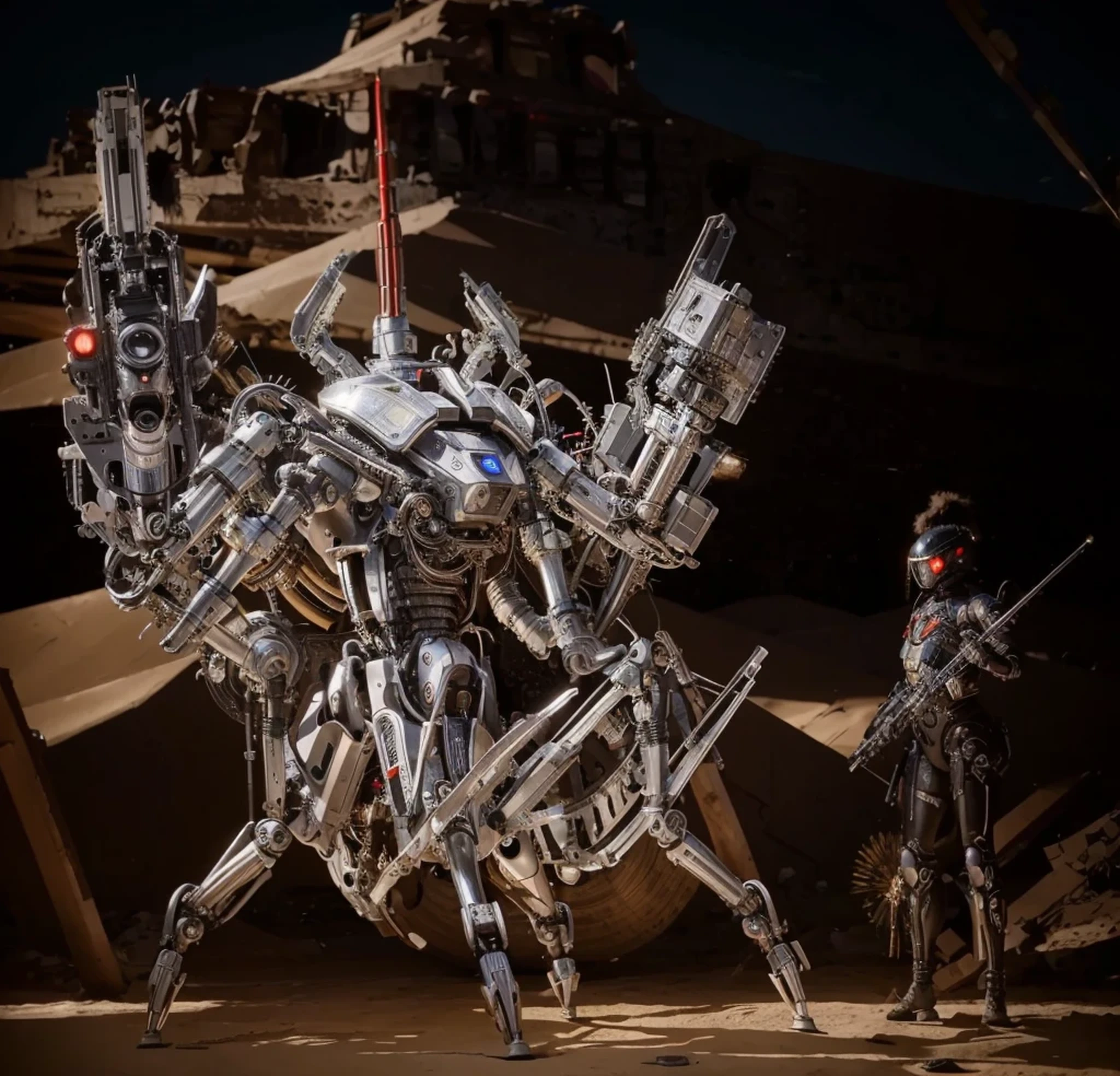 Ultra advanced biomechanical cyborg robot, color ????? y rojo, has a big laser cannon, small arms with circular clasps, sensores y antenas, human arms with robotic inserts, Cables y tubos rodean su cuerpo., insectoid mechanical legs, he is outside a battlefield, mucho humo y maquinas, 4k, ultra detallado image, realista, muy detallado, perfect composition, splendid, intrincadamente detallado, incredibly detailed, 8k art photography, hiper detallado, Obra maestra, ultra detallado, hyper realista, 4k, ultra detallado image, realista, muy detallado, perfect composition, splendid, intrincadamente detallado, incredibly detailed, 8k art photography, hiper detallado