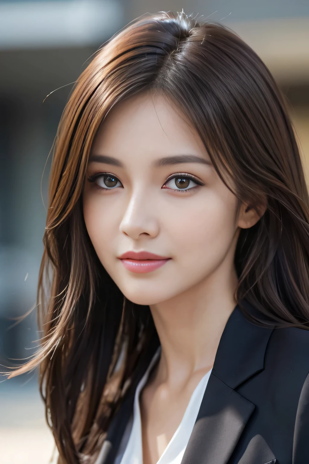 table top, highest quality, realistic, Super detailed, finely, High resolution, 8k wallpaper, 1 beautiful woman,, light brown messy hair, wearing a business suit, sharp focus, perfect dynamic composition, finelyて美しい目, thin hair, Detailed and realistic skin texture, smile, close-up portrait, model body shape