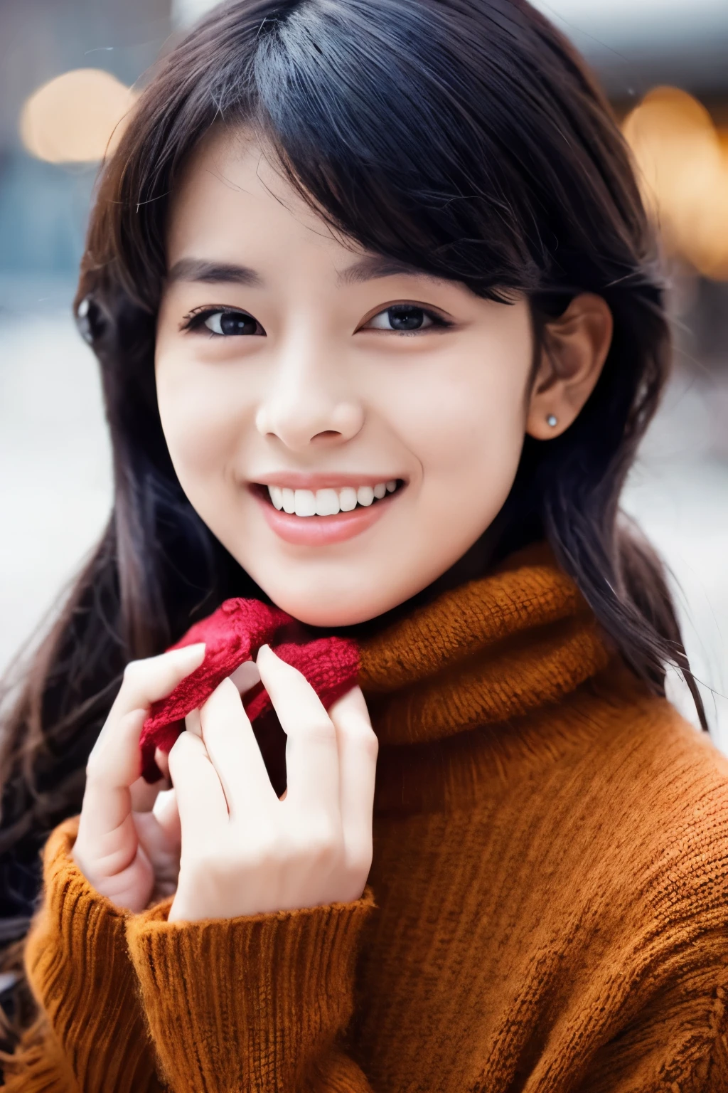 The face of the hostess、turtleneck wool sweater、hiquality、A hyper-realistic、healthy、Smiling expression、Slender perfect figure、Japan Beauty、 perfect  eyes、Beautiful skin、The upper part of the body、Snowy city